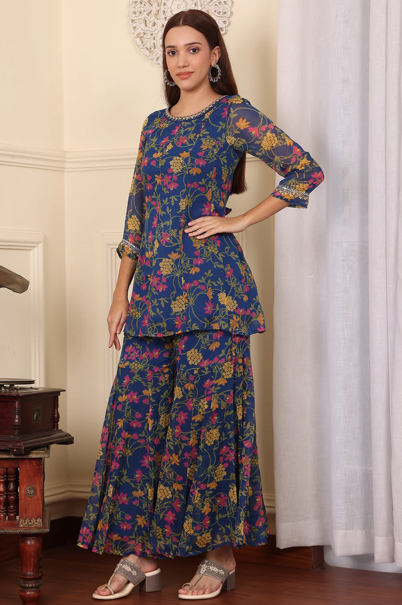 Navy Blue Floral Printed Embroidered Flared Short Kurta And Sharara Set With Dupatta - Image 6