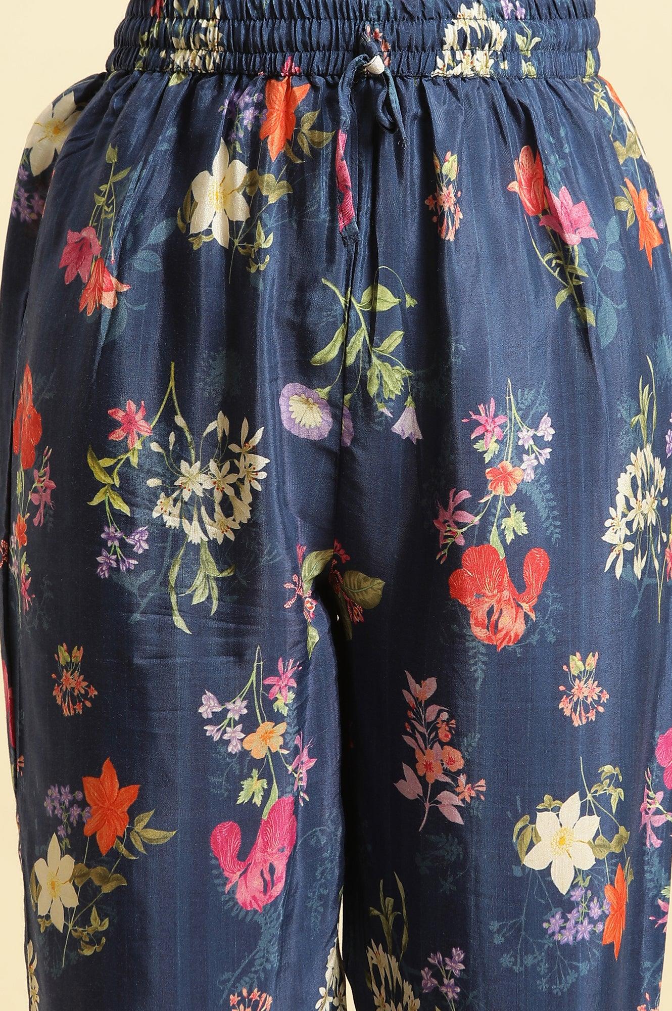 Navy Blue Floral Printed Pure Cotton Kurta, Pants with Dupatta Set - Image 11