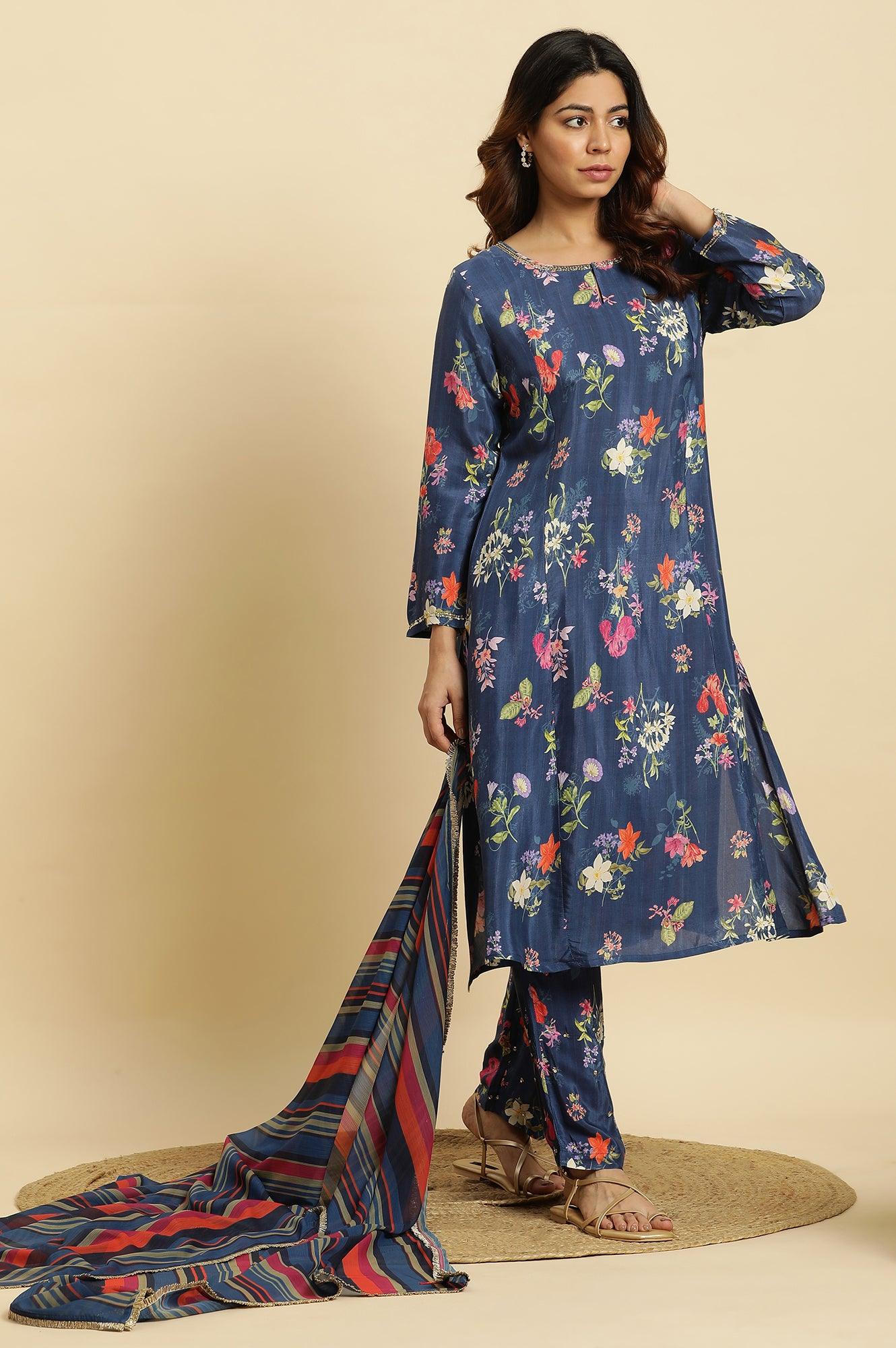 Navy Blue Floral Printed Pure Cotton Kurta, Pants with Dupatta Set - Image 3