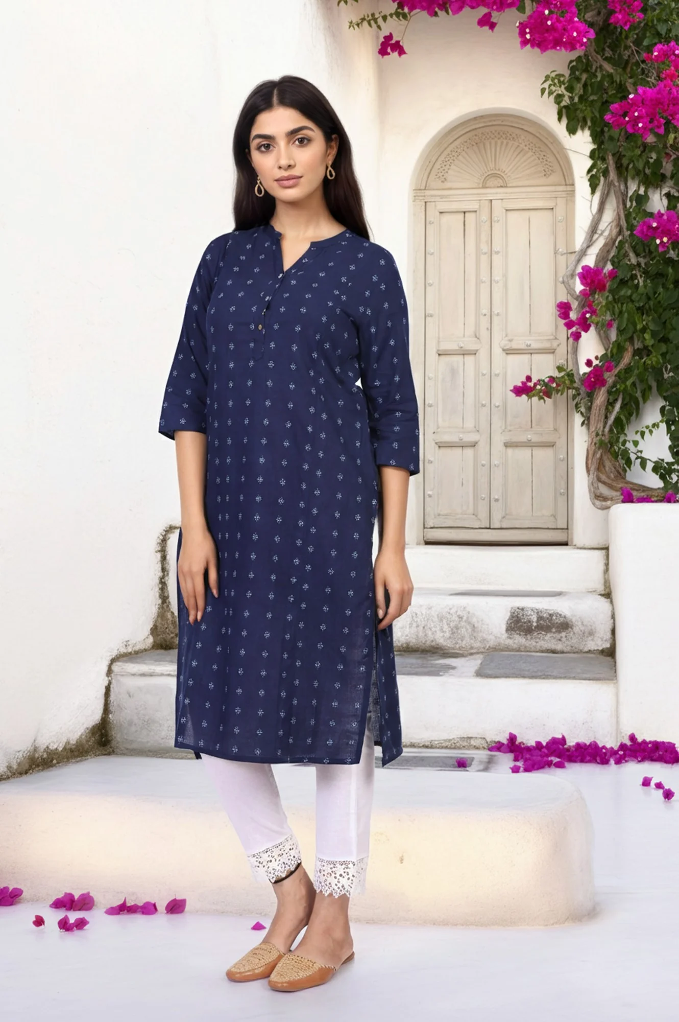 Navy Blue Geometric Printed Straight Rayon Kurta - Image 6