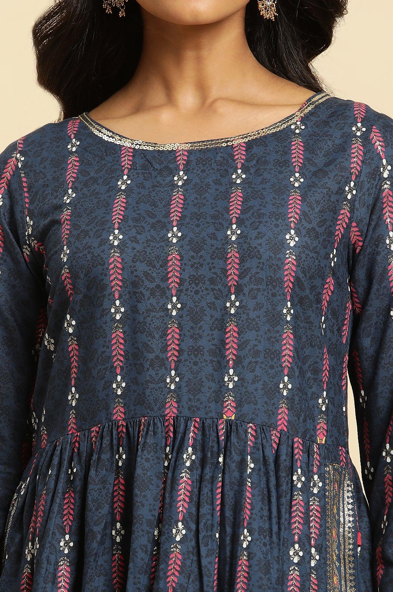 Navy Blue Naira Cut Floral Printed Festive Kurta - Image 6