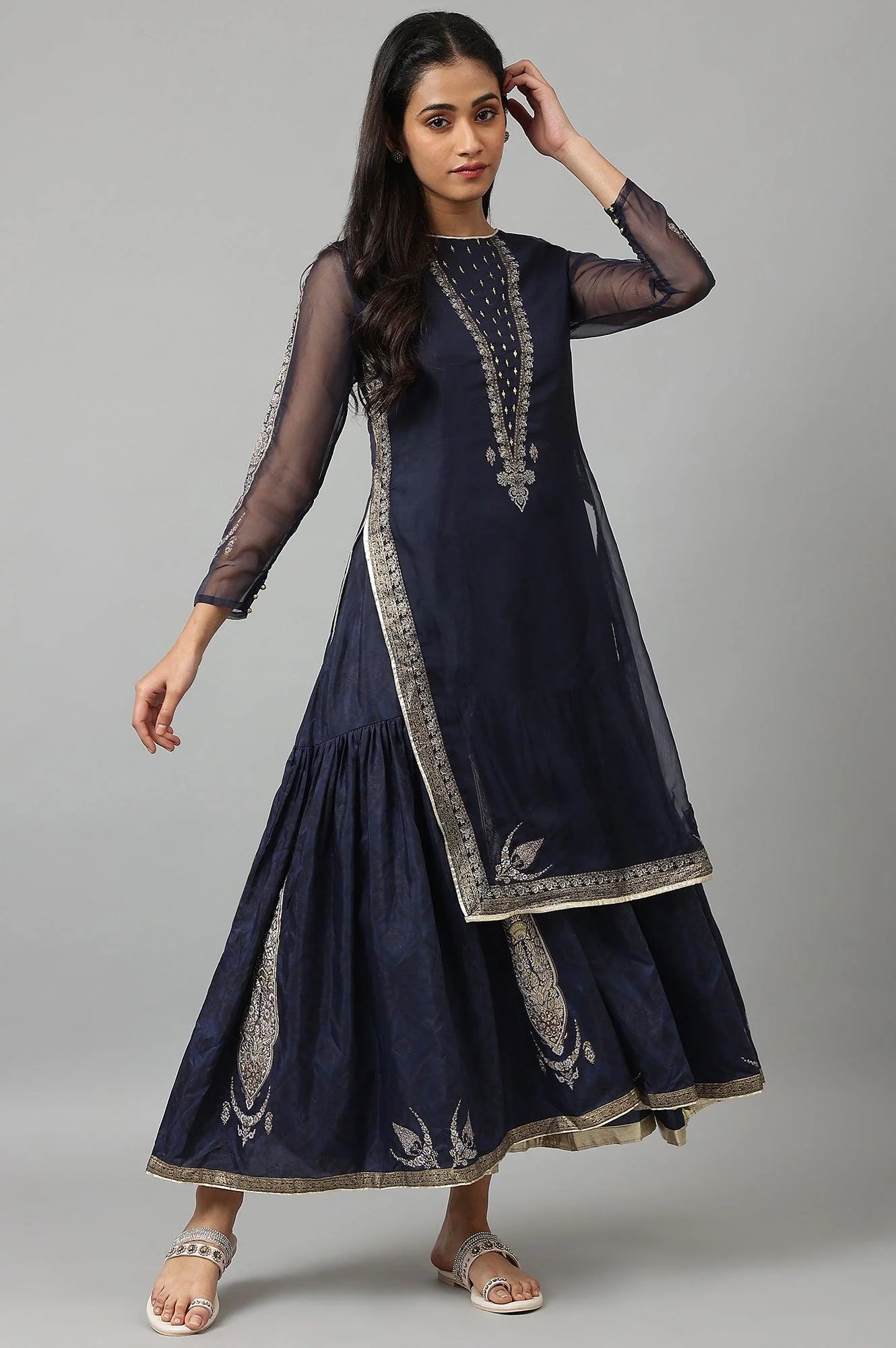 Navy Blue Organza Layered Dress - Image 5