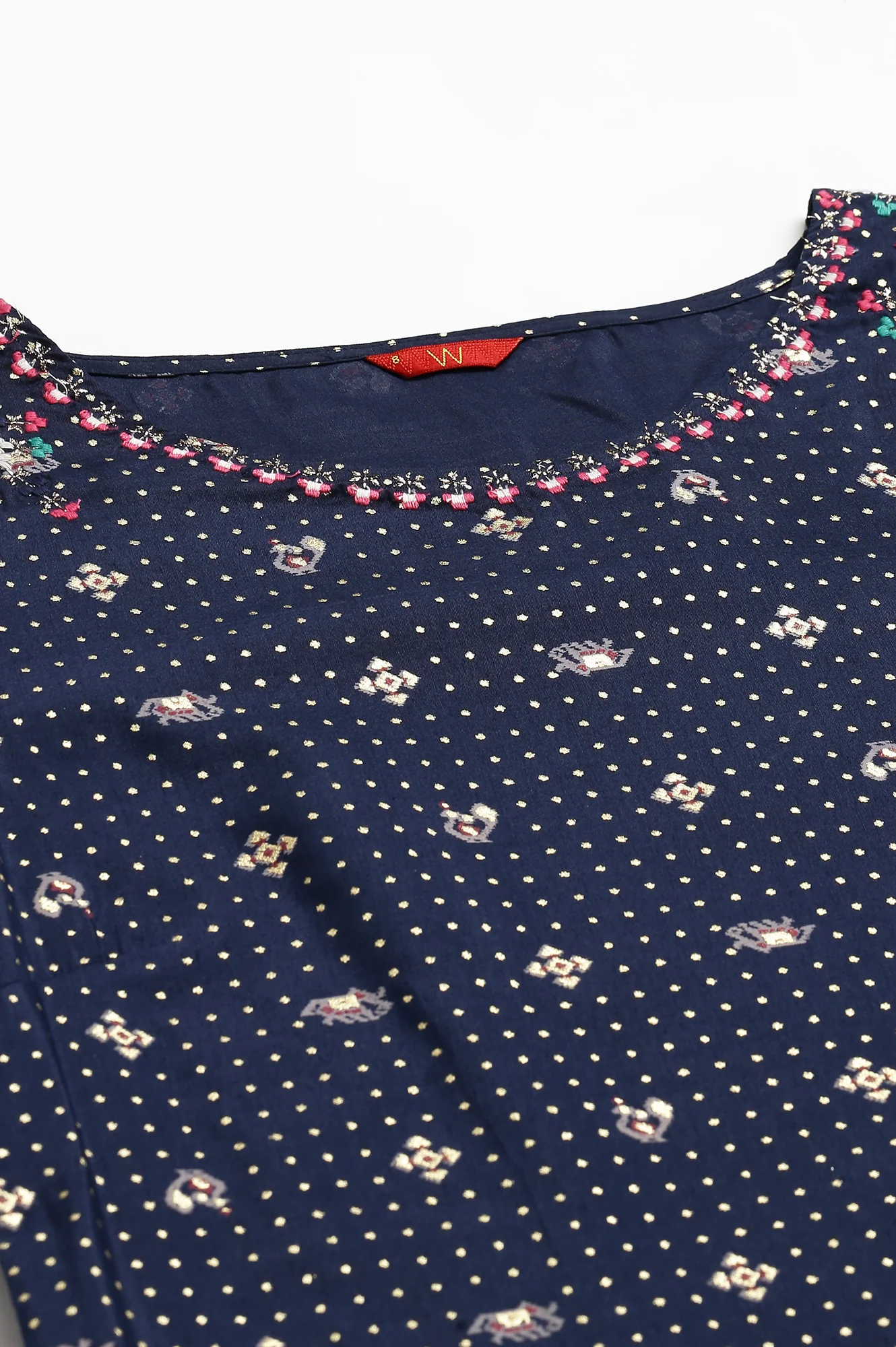 Navy Blue Printed A-Line kurta With Embroidery - Image 2