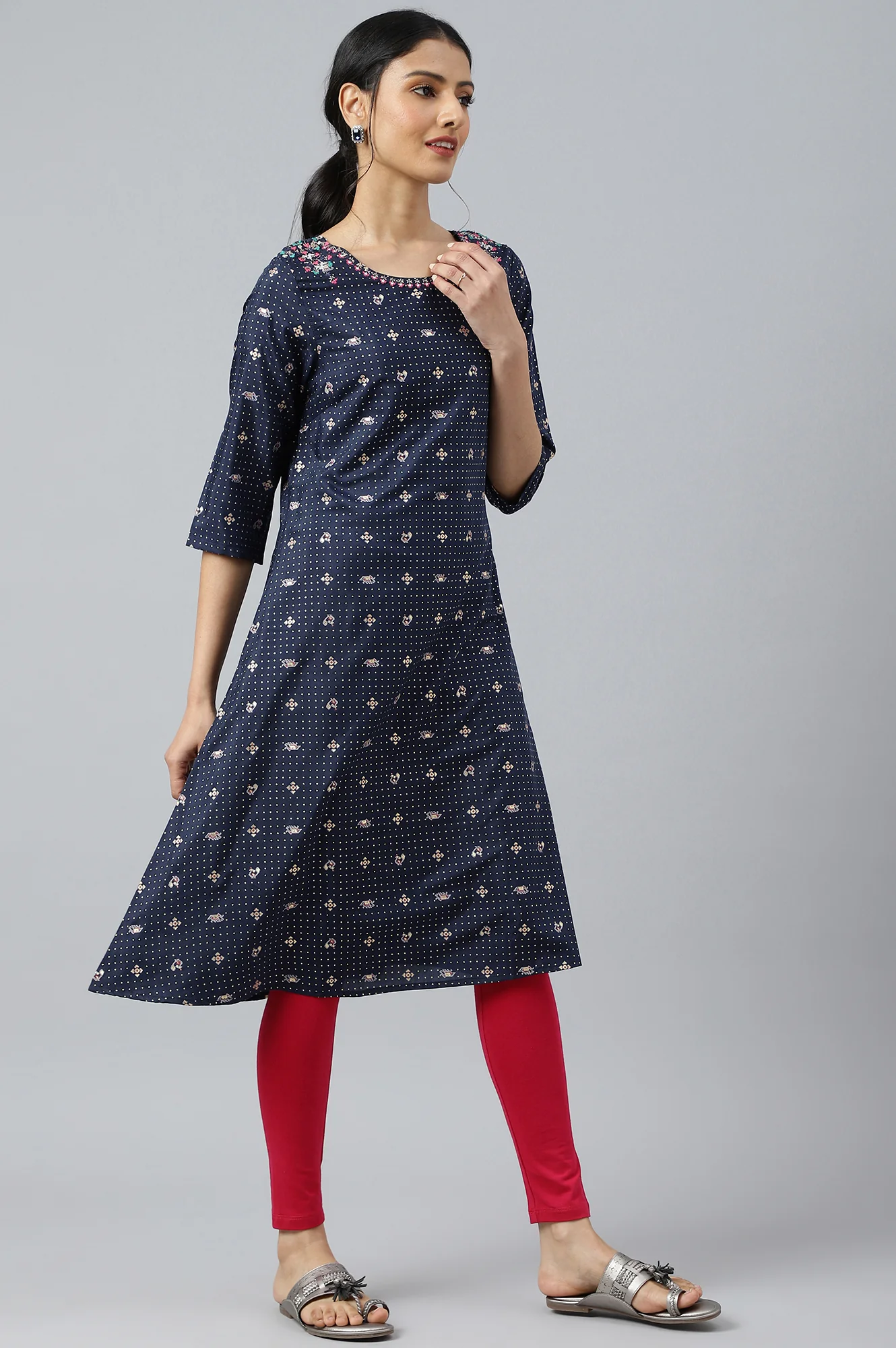 Navy Blue Printed A-line Kurta with Embroidery - Image 6