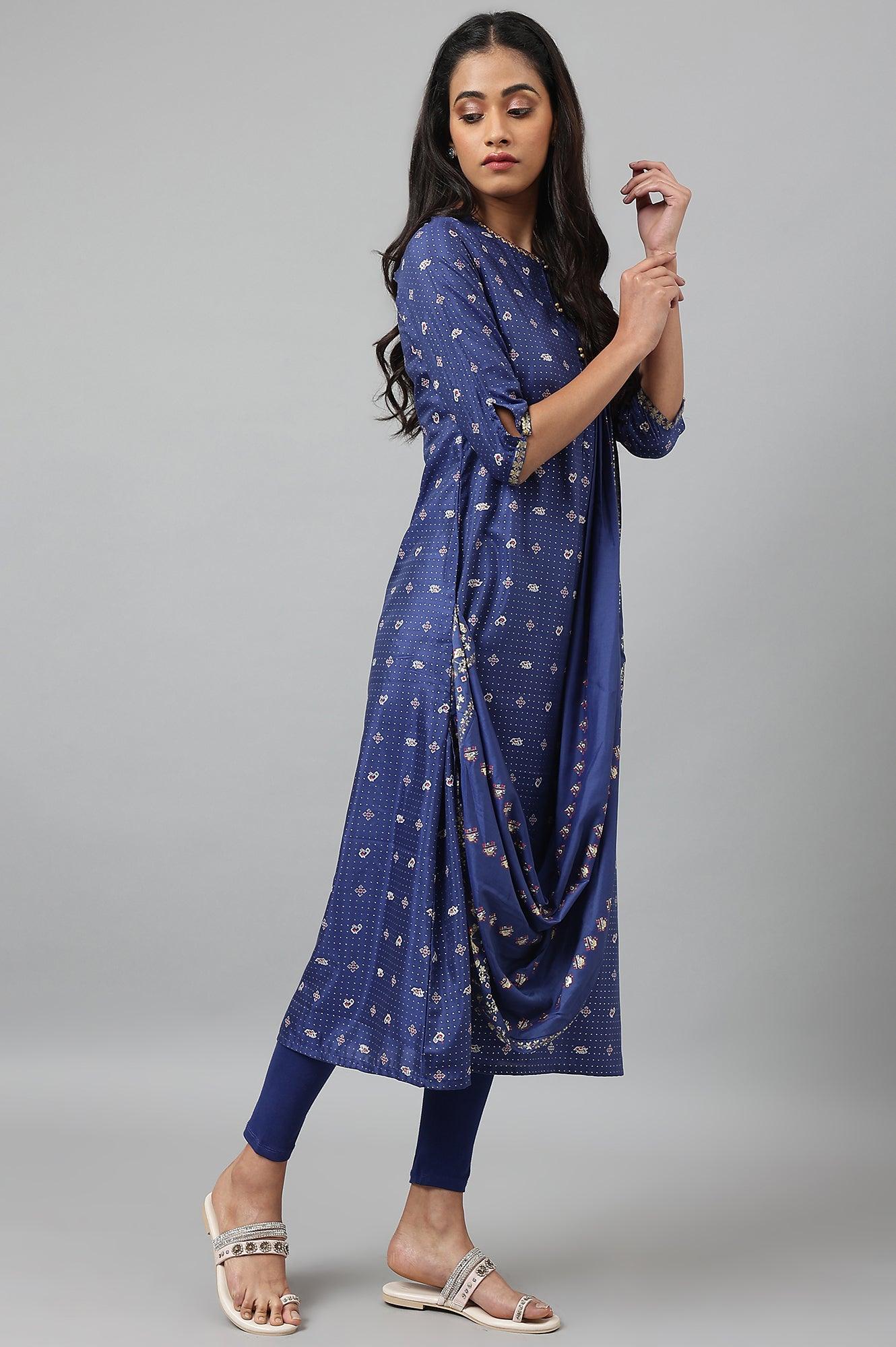 Navy Blue Printed Draped A-Line kurta With Tights - Image 7