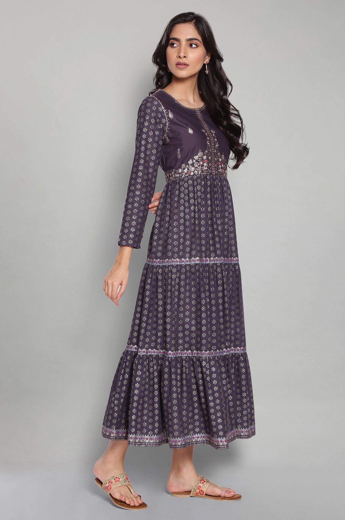 Navy Blue Printed Dress with Embroidery - Image 4