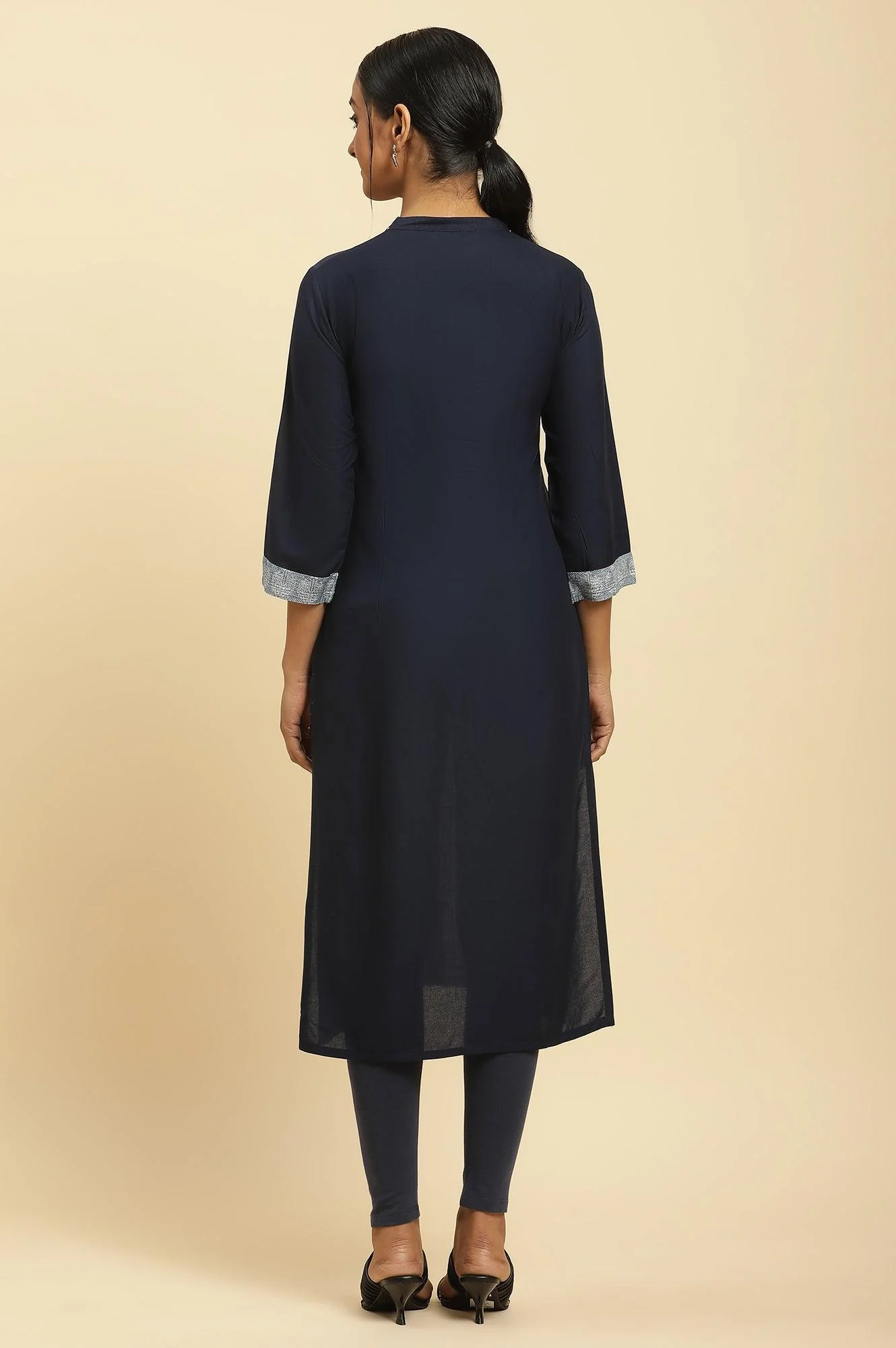 Navy Blue Printed Kurta And Tights - Image 4