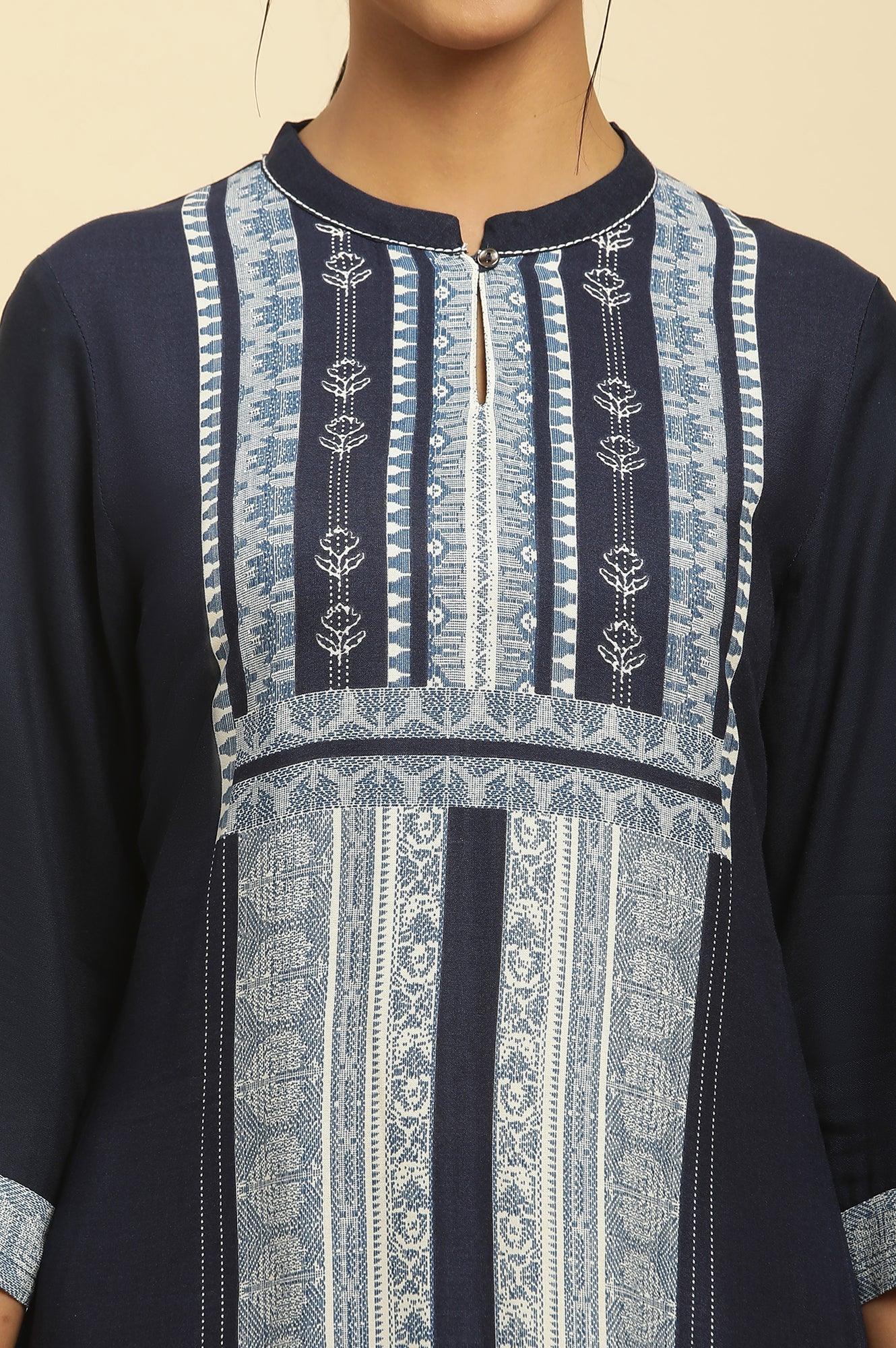Navy Blue Printed Kurta And Tights - Image 6