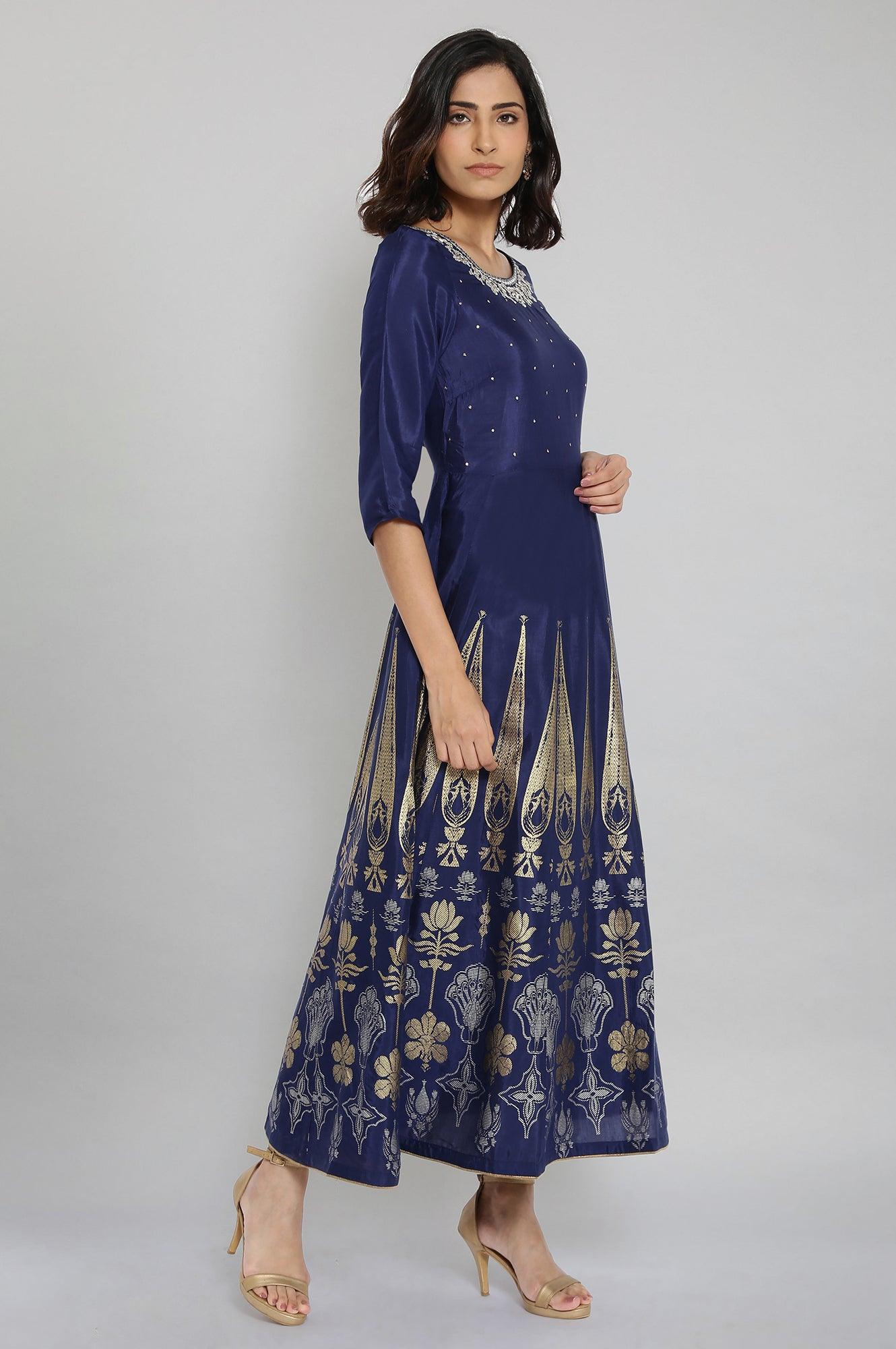 Navy Blue Round Neck Flared Dress - Image 4