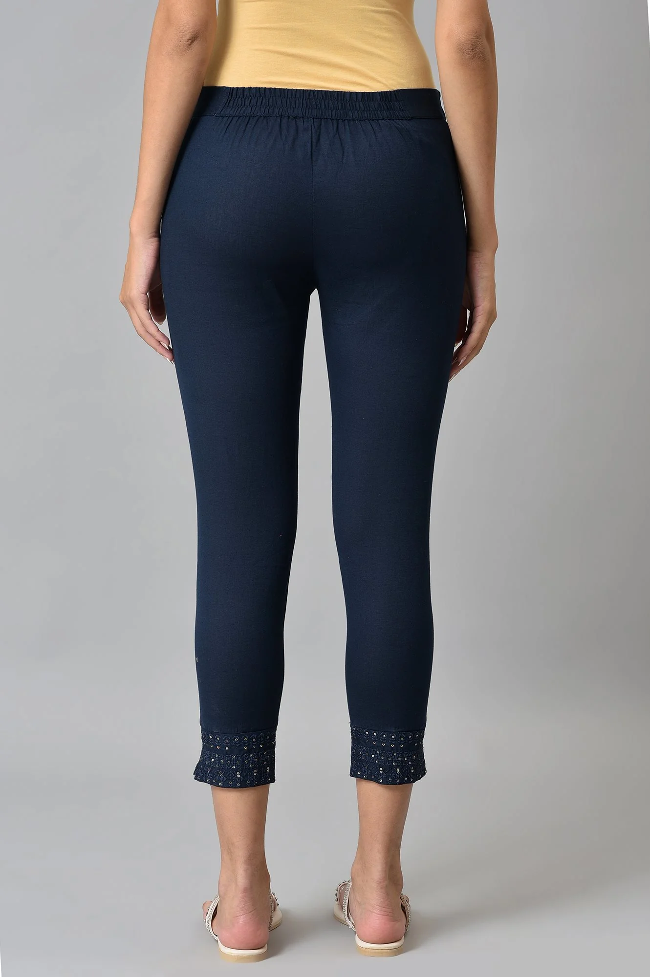 Navy Blue Solid Embroidered Slim Pants - Image 2