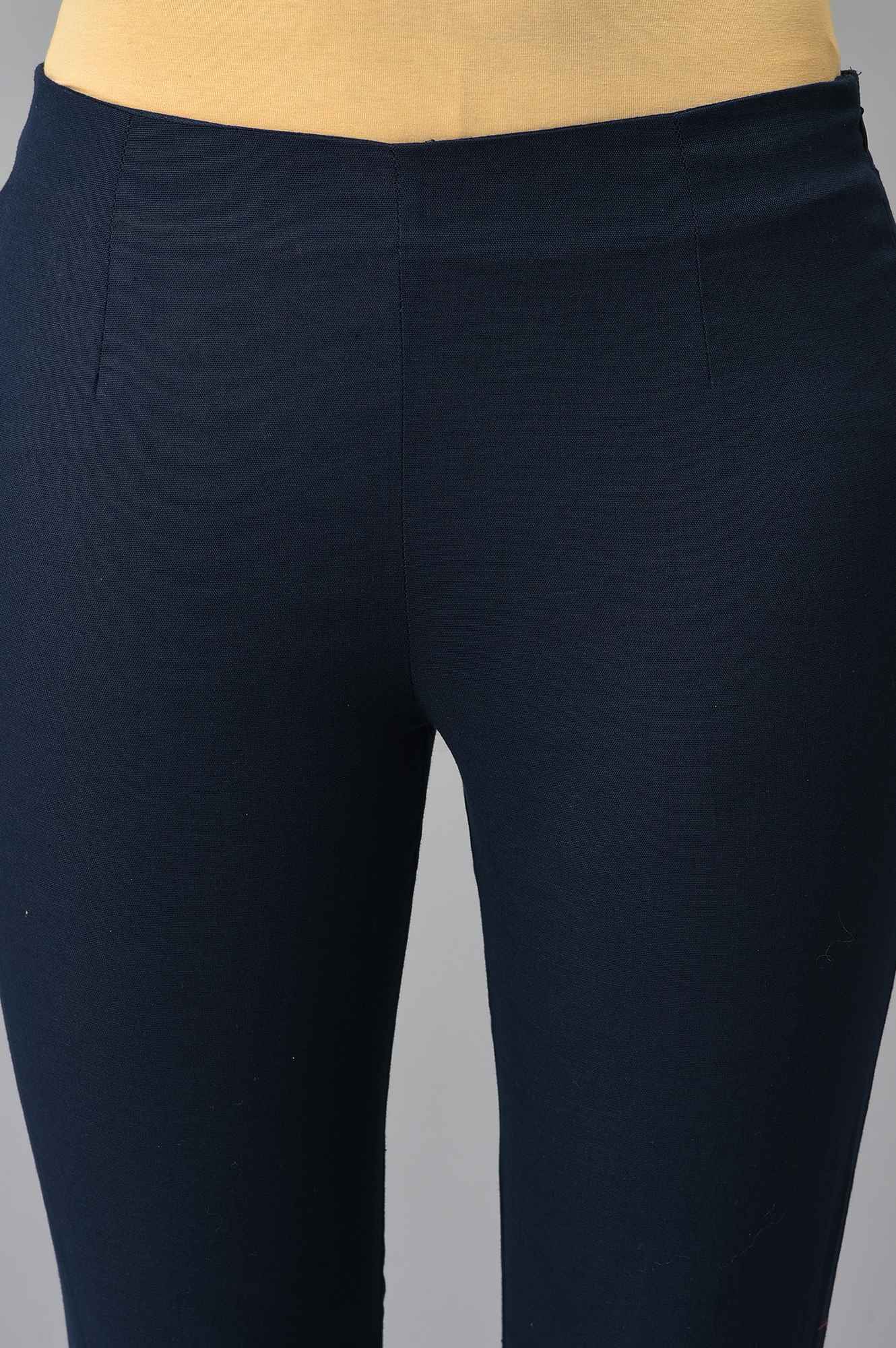 Navy Blue Solid Embroidered Slim Pants - Image 6