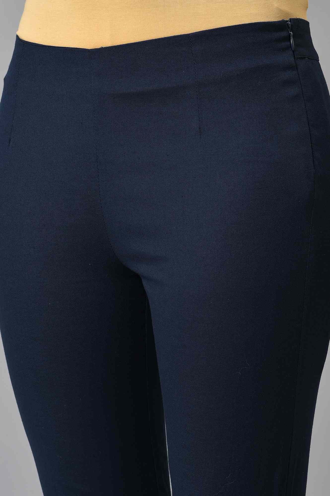 Navy Blue Solid Embroidered Slim Pants - Image 7