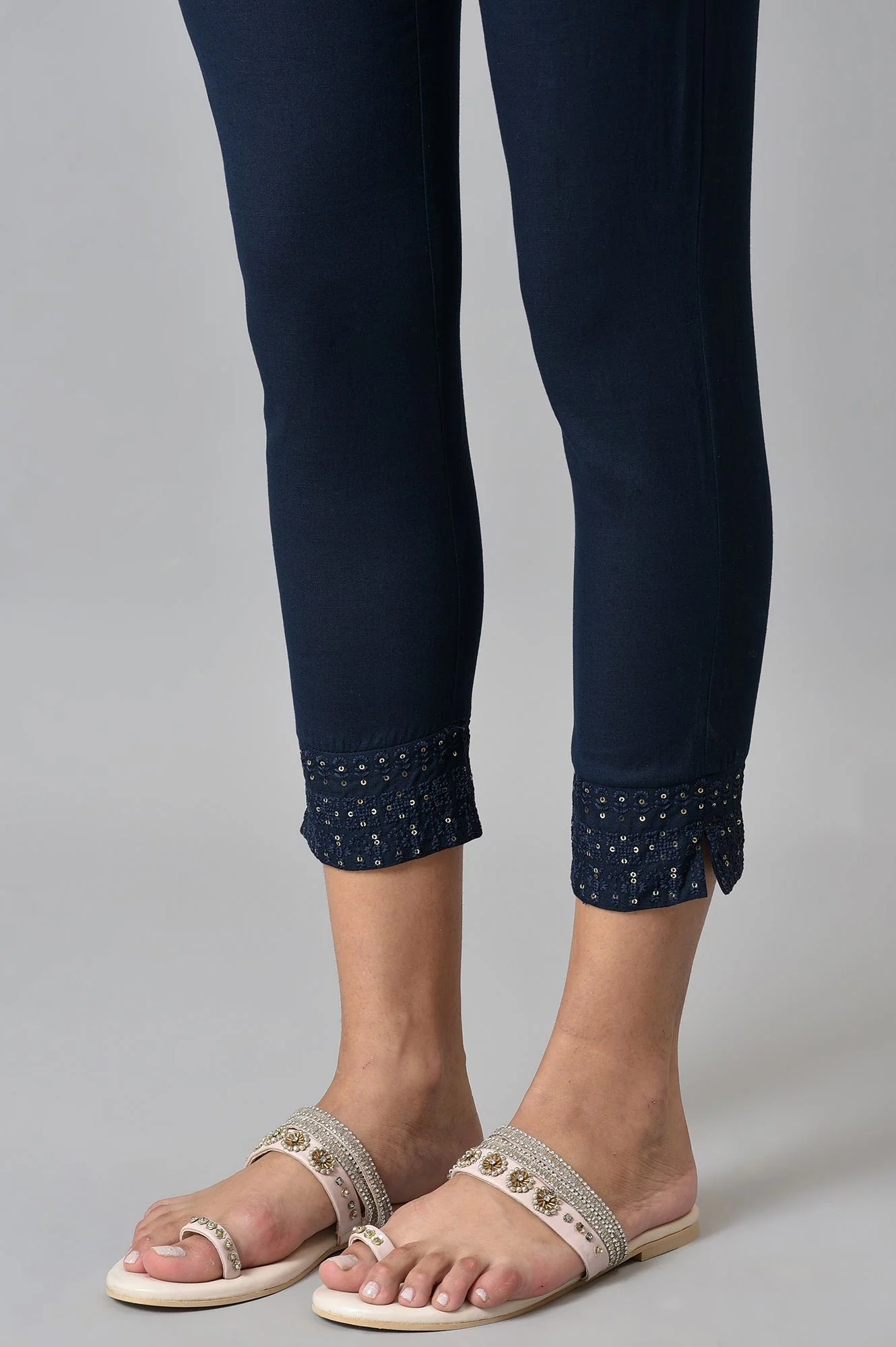 Navy Blue Solid Embroidered Slim Pants - Image 8