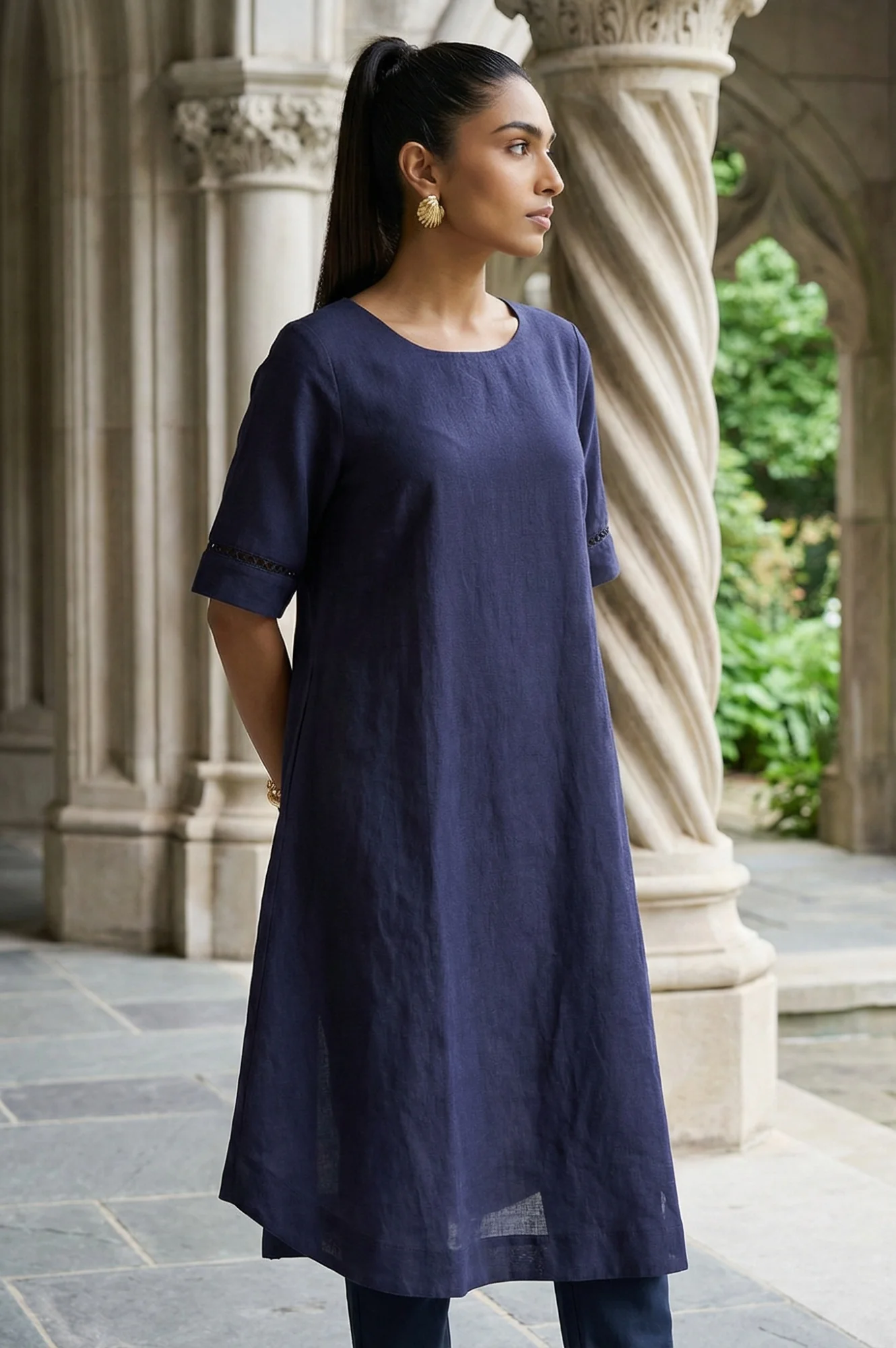 Navy Blue Solid Lace Rayon Flax A-line Kurta - Image 2