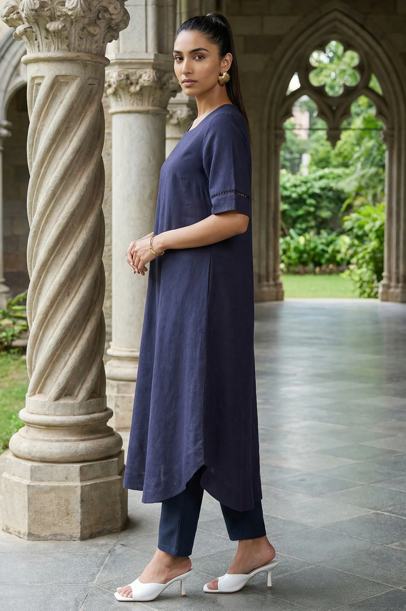 Navy Blue Solid Lace Rayon Flax A-line Kurta - Image 4