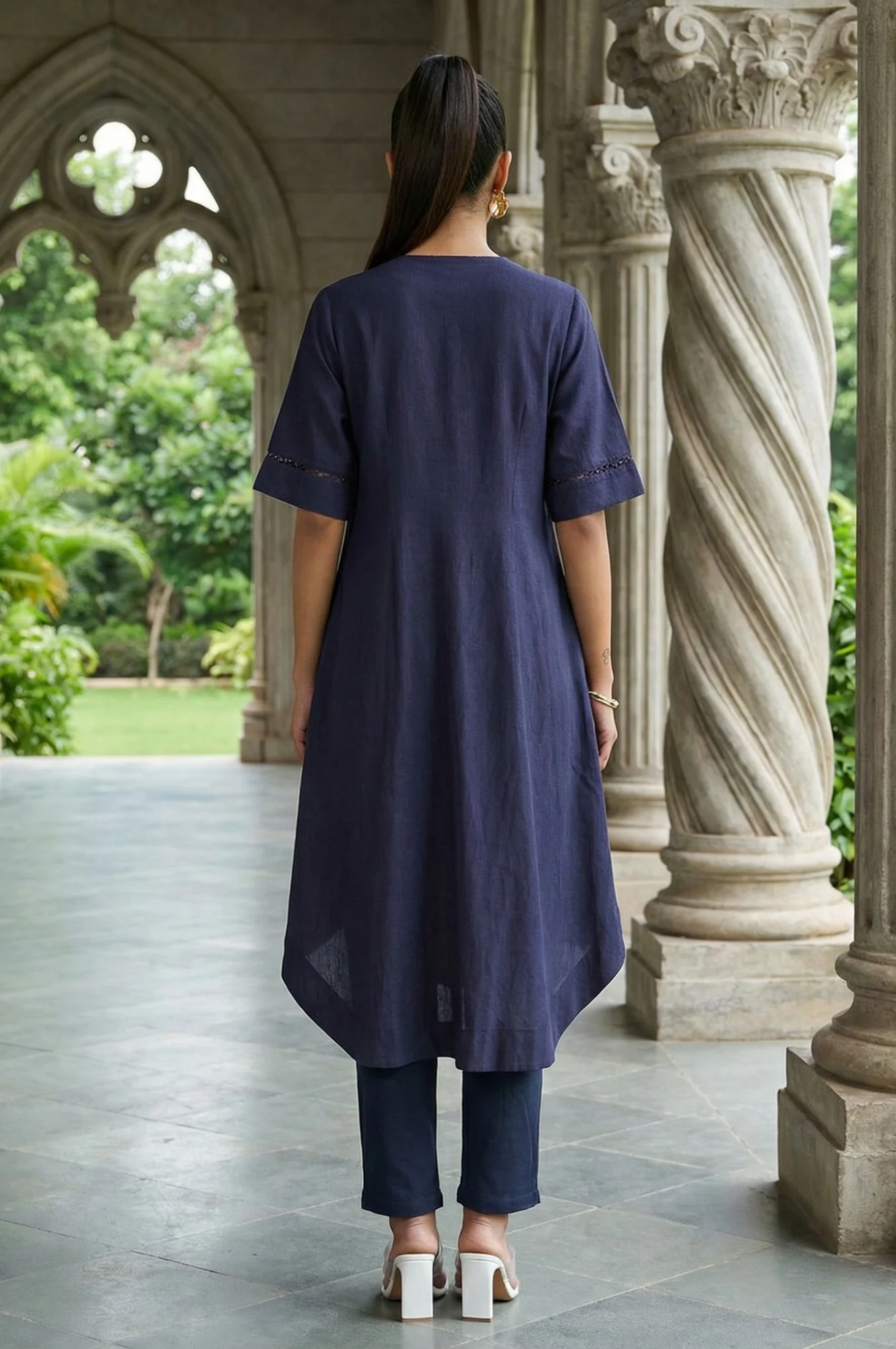 Navy Blue Solid Lace Rayon Flax A-line Kurta - Image 5