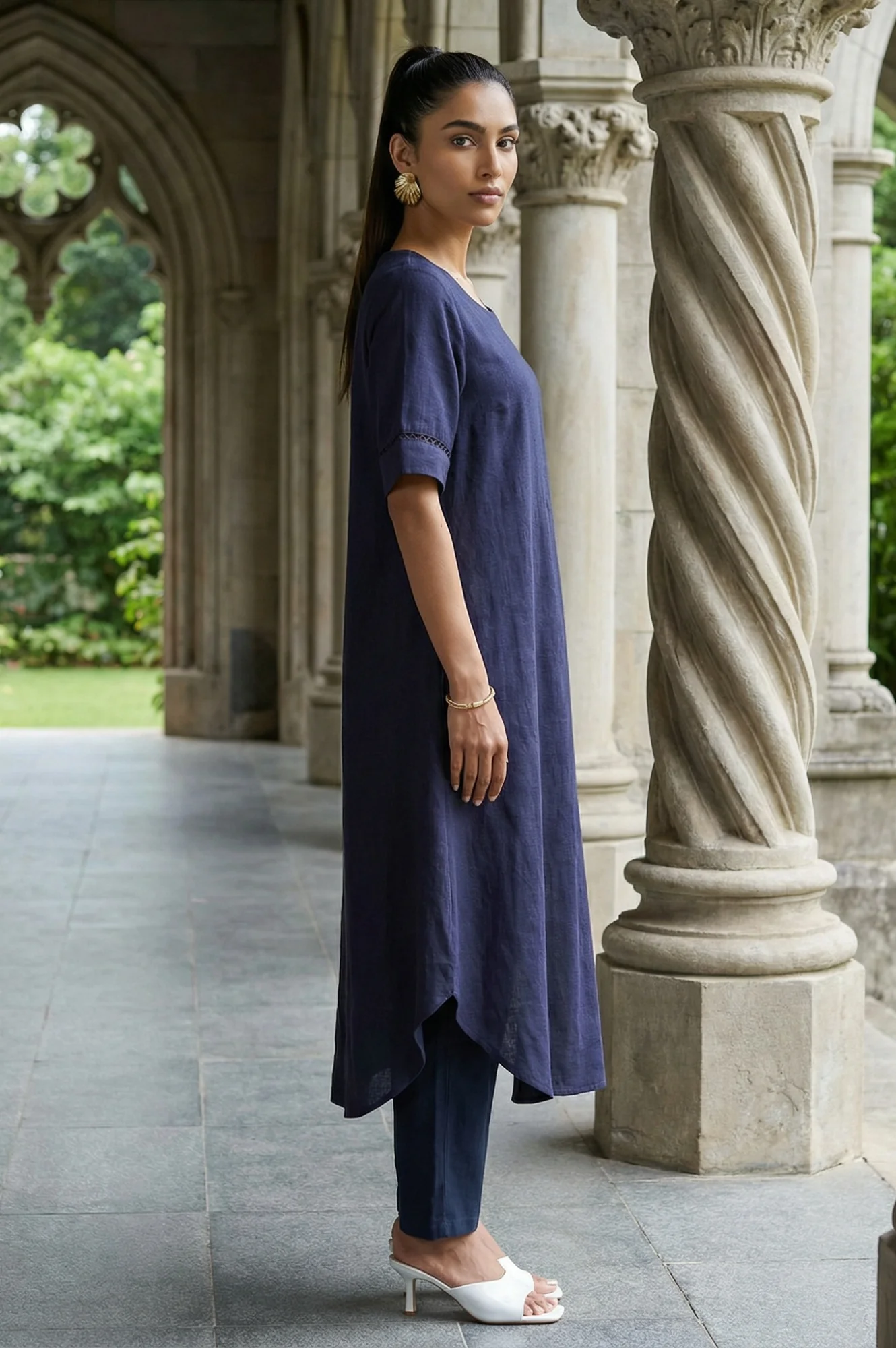 Navy Blue Solid Lace Rayon Flax A-line Kurta - Image 6