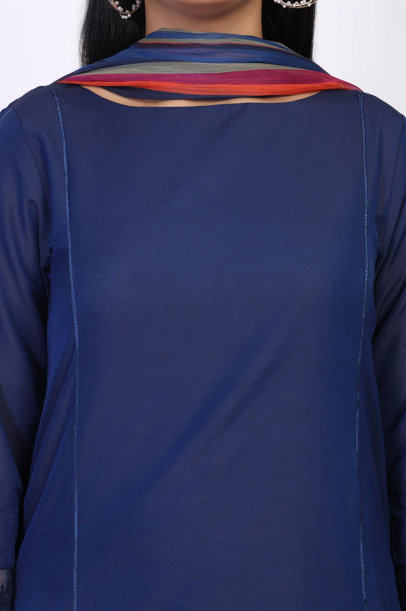 Navy Blue Solid Lace Trim Straight Kurta with Straight Pant and Dupatta Set - Image 3