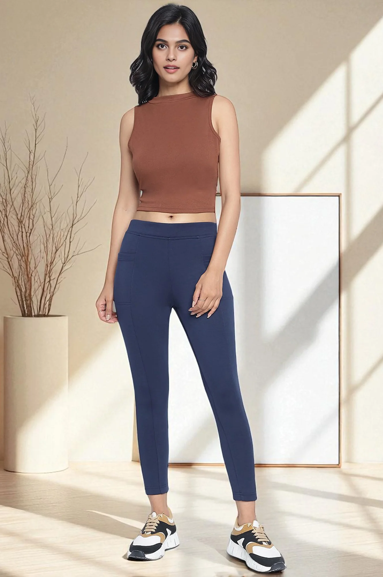 Navy Blue Solid Mid Rise Tights in Calf Length - Image 6