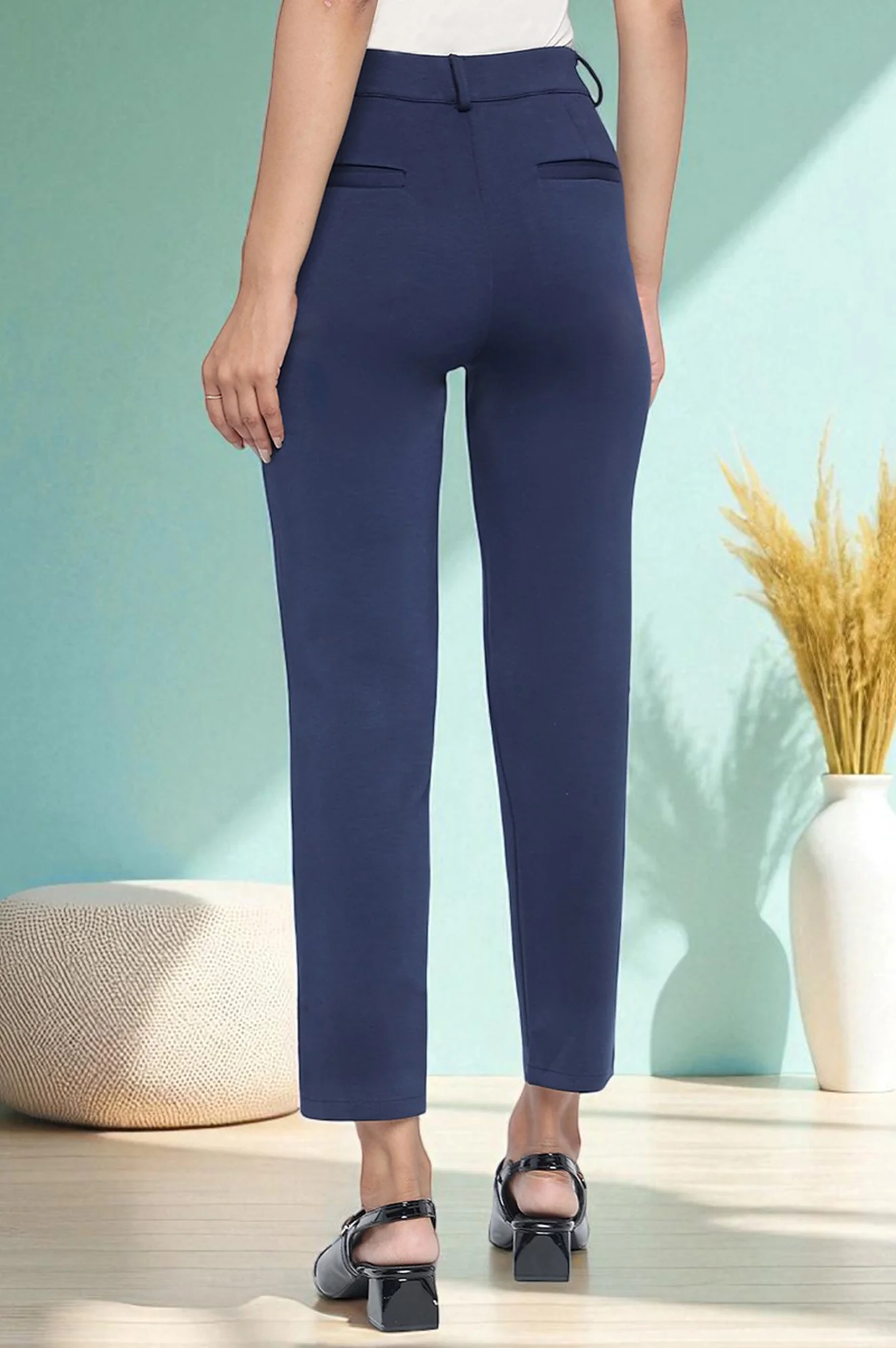 Navy Blue Solid Mid Rise Trouser in Ankle Length - Image 4