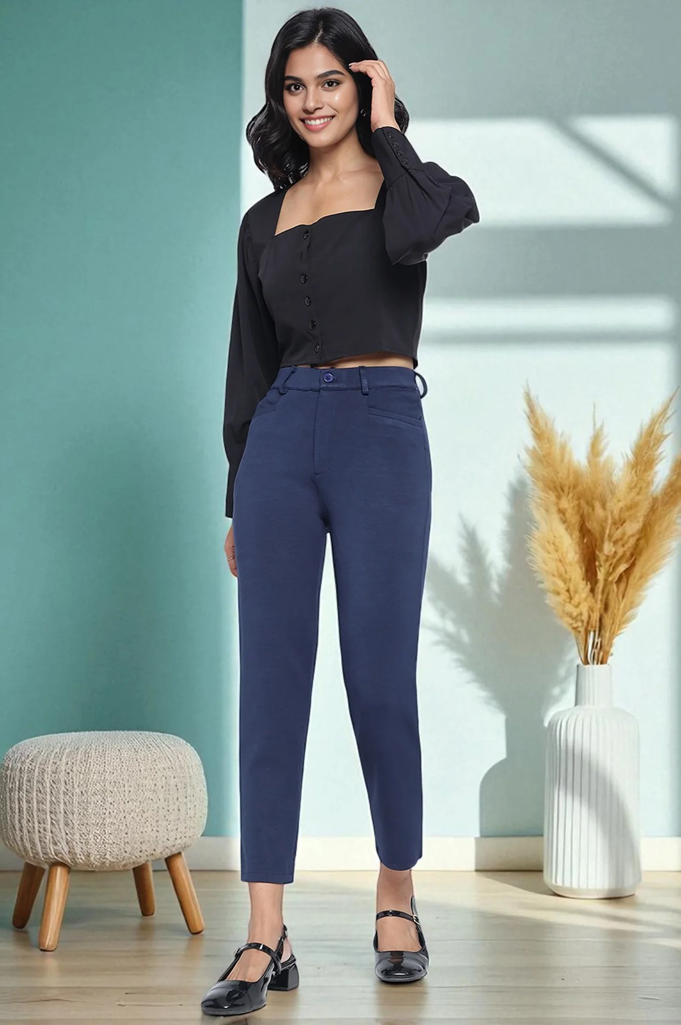 Navy Blue Solid Mid Rise Trouser in Ankle Length - Image 6