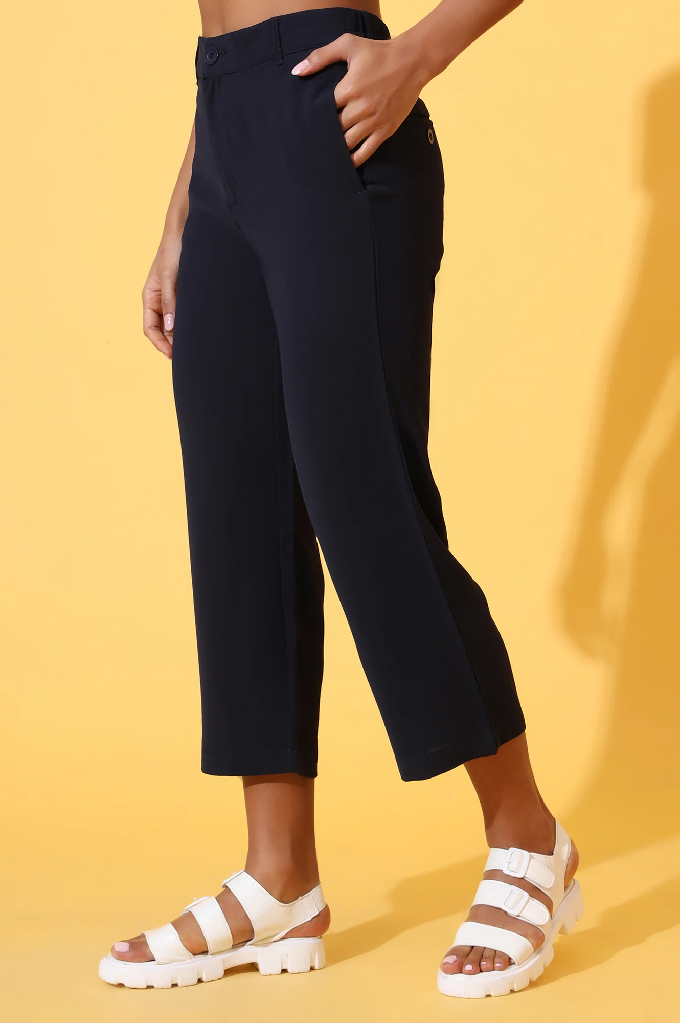 Navy Blue Solid Straight Western Culottes with YKK Zipper - Image 3