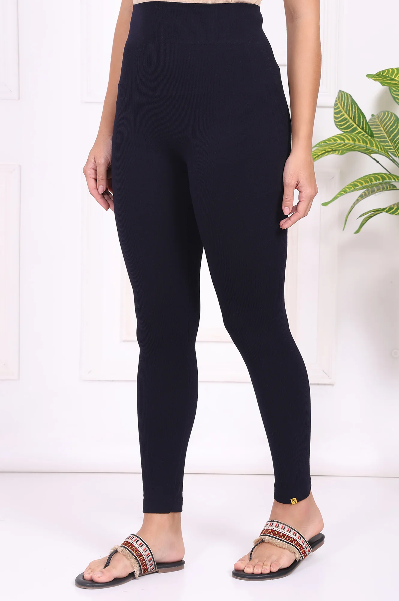 Navy Blue Textured Skinny Fit Tights - Image 2