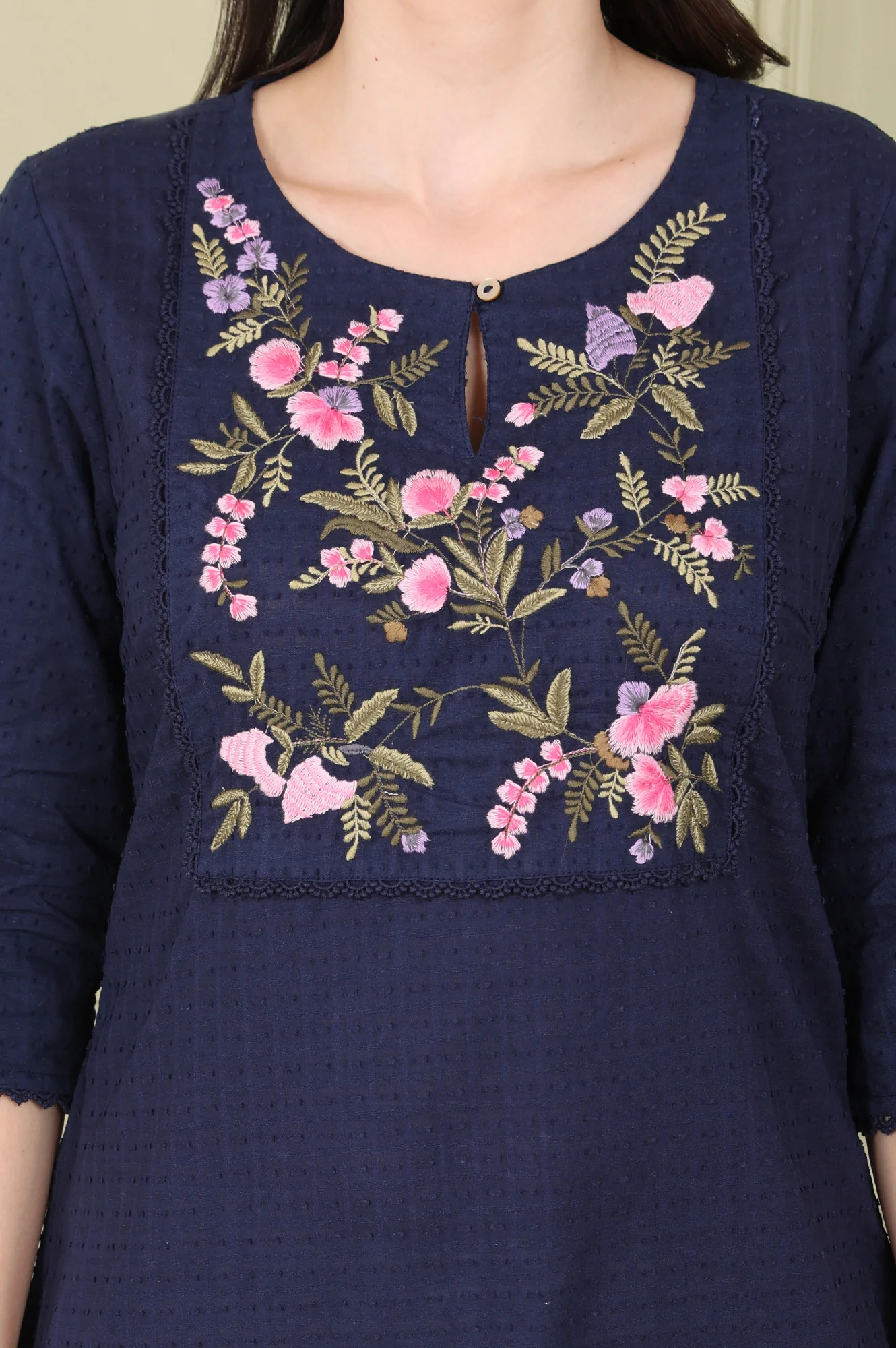 Navy Blue Textured Straight Kurta With Thread Embroidered Yoke - Image 3