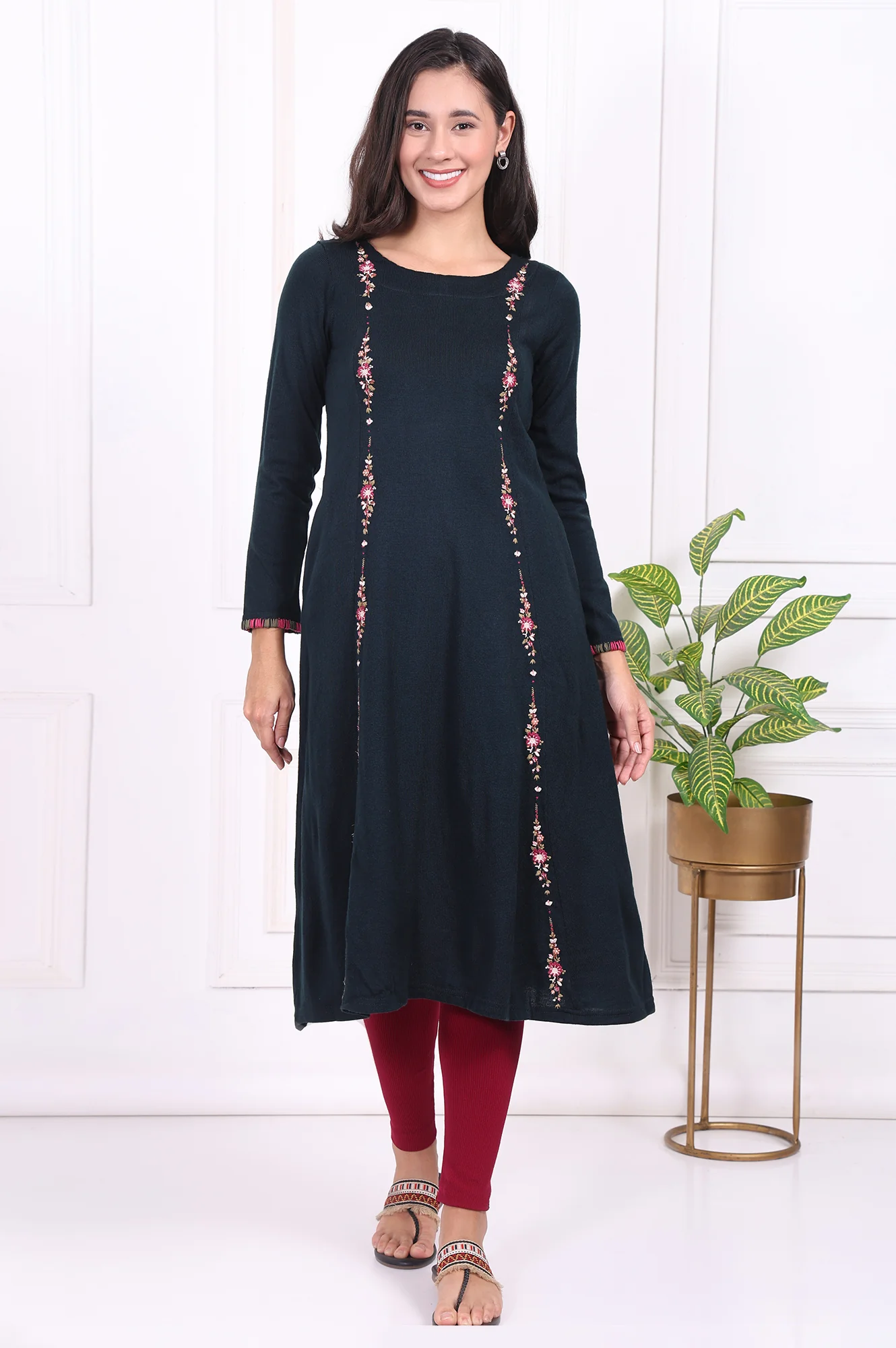 Navy Blue Thread Embroidered Acrylic Flared A-line Kurta - Image 2