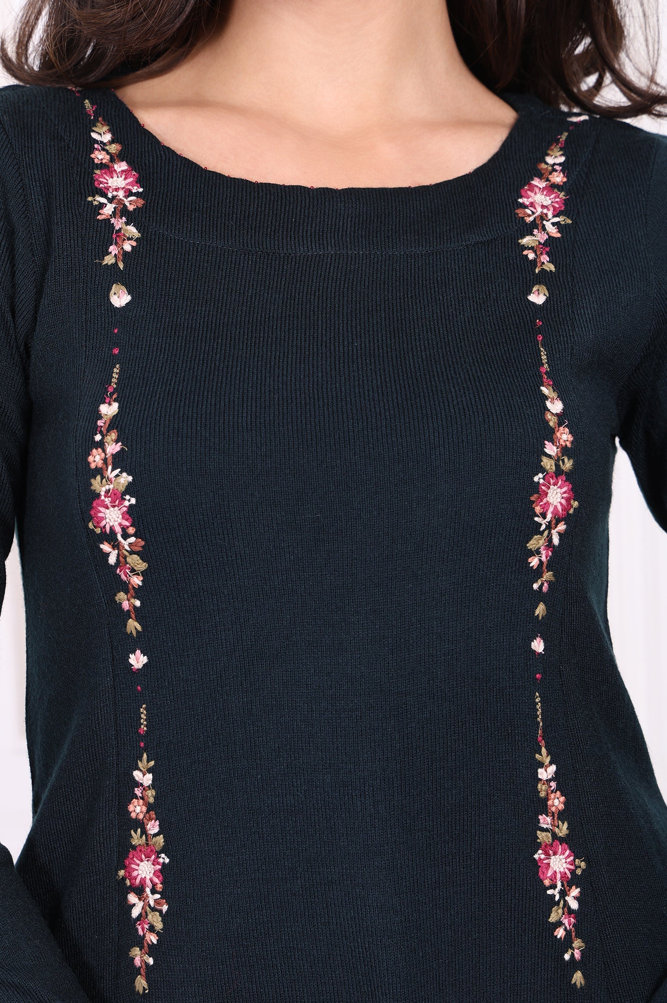 Navy Blue Thread Embroidered Acrylic Flared A-line Kurta - Image 3