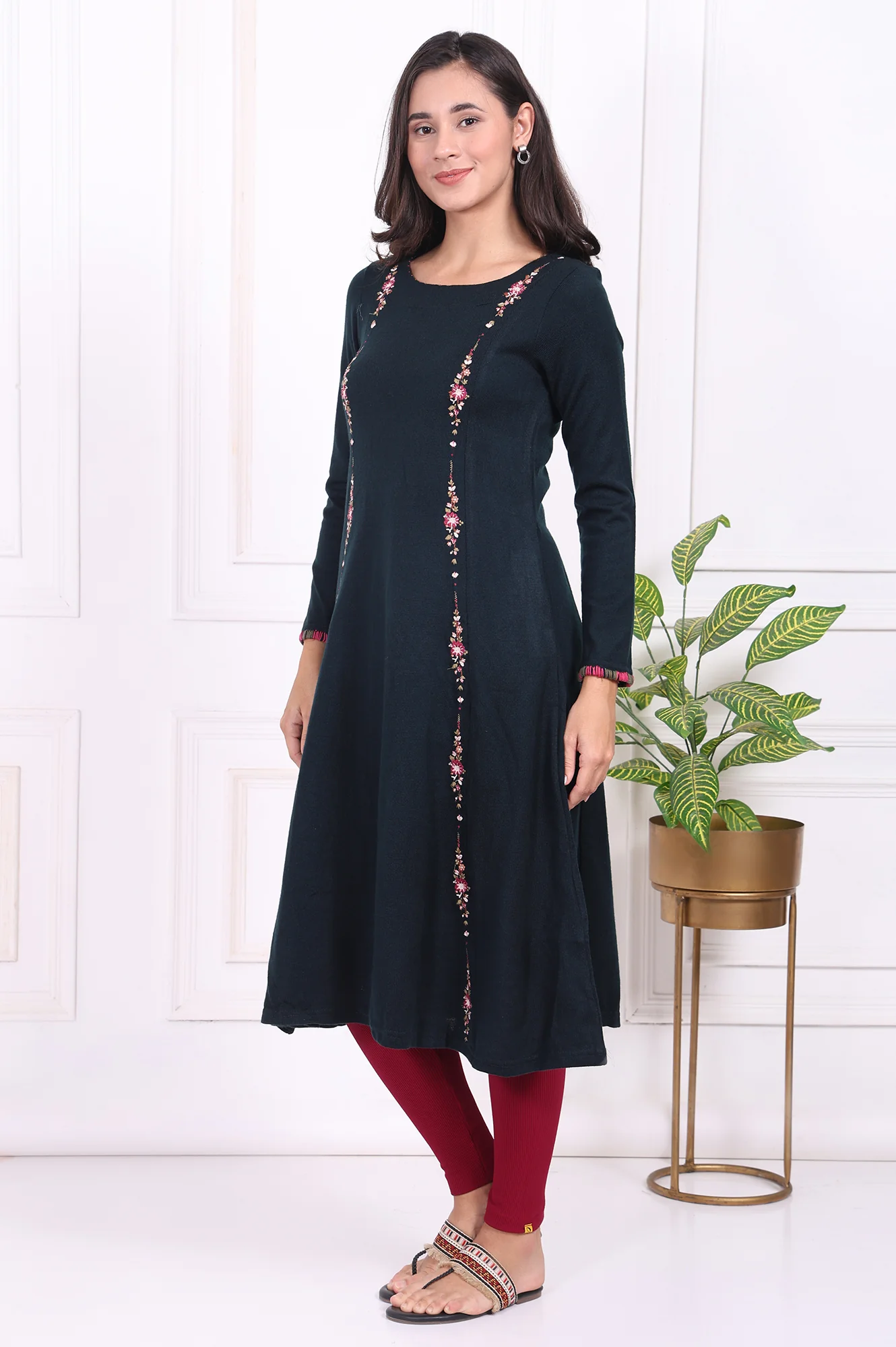 Navy Blue Thread Embroidered Acrylic Flared A-line Kurta - Image 4
