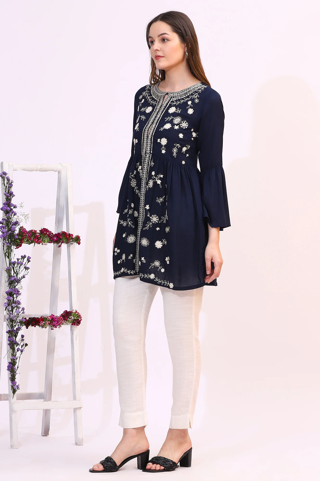 Navy Blue Thread Embroidered Modal Cotton Top with Front Buttons - Image 4