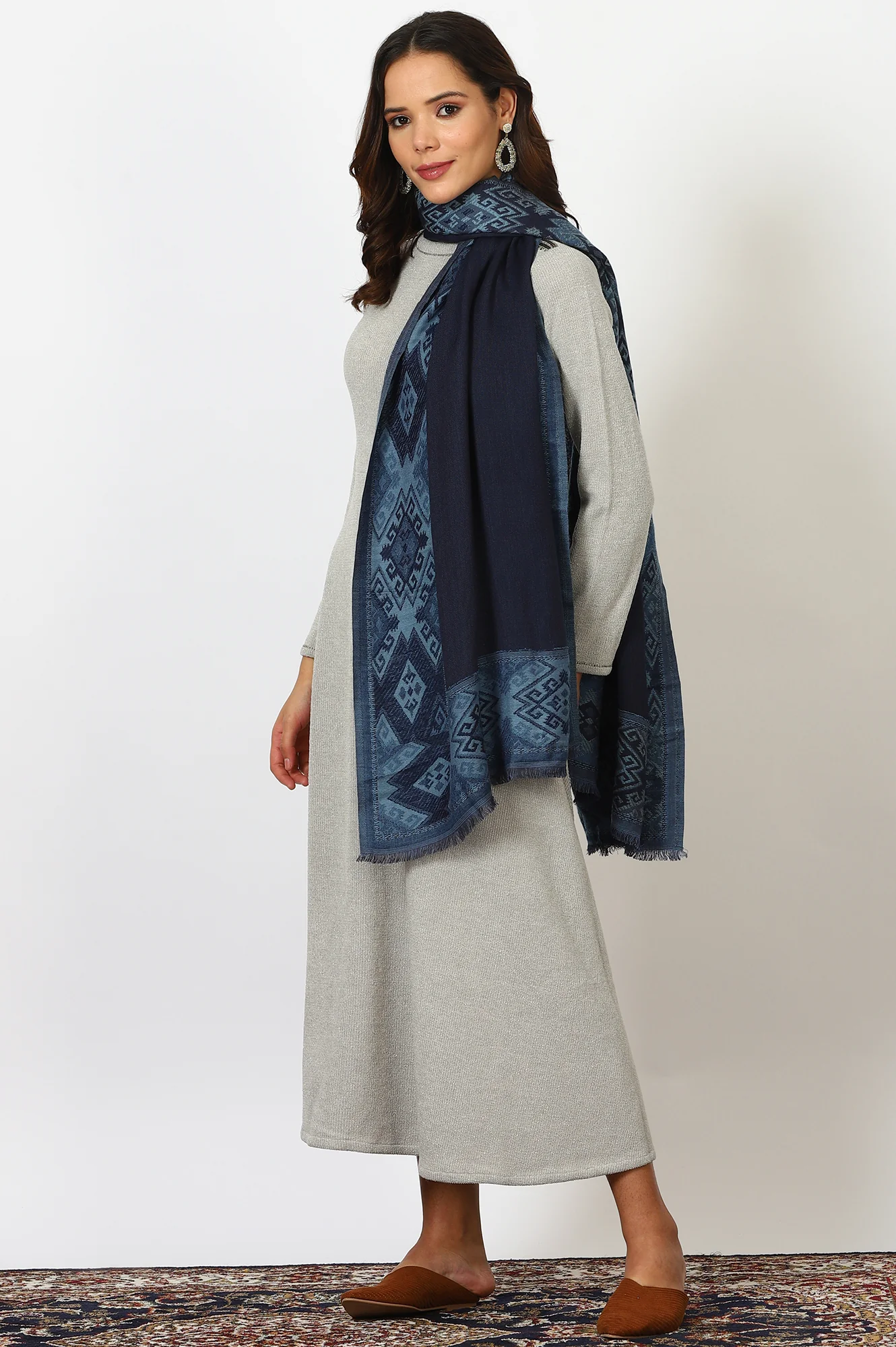Navy Blue Wool Blend Shawls - Image 2