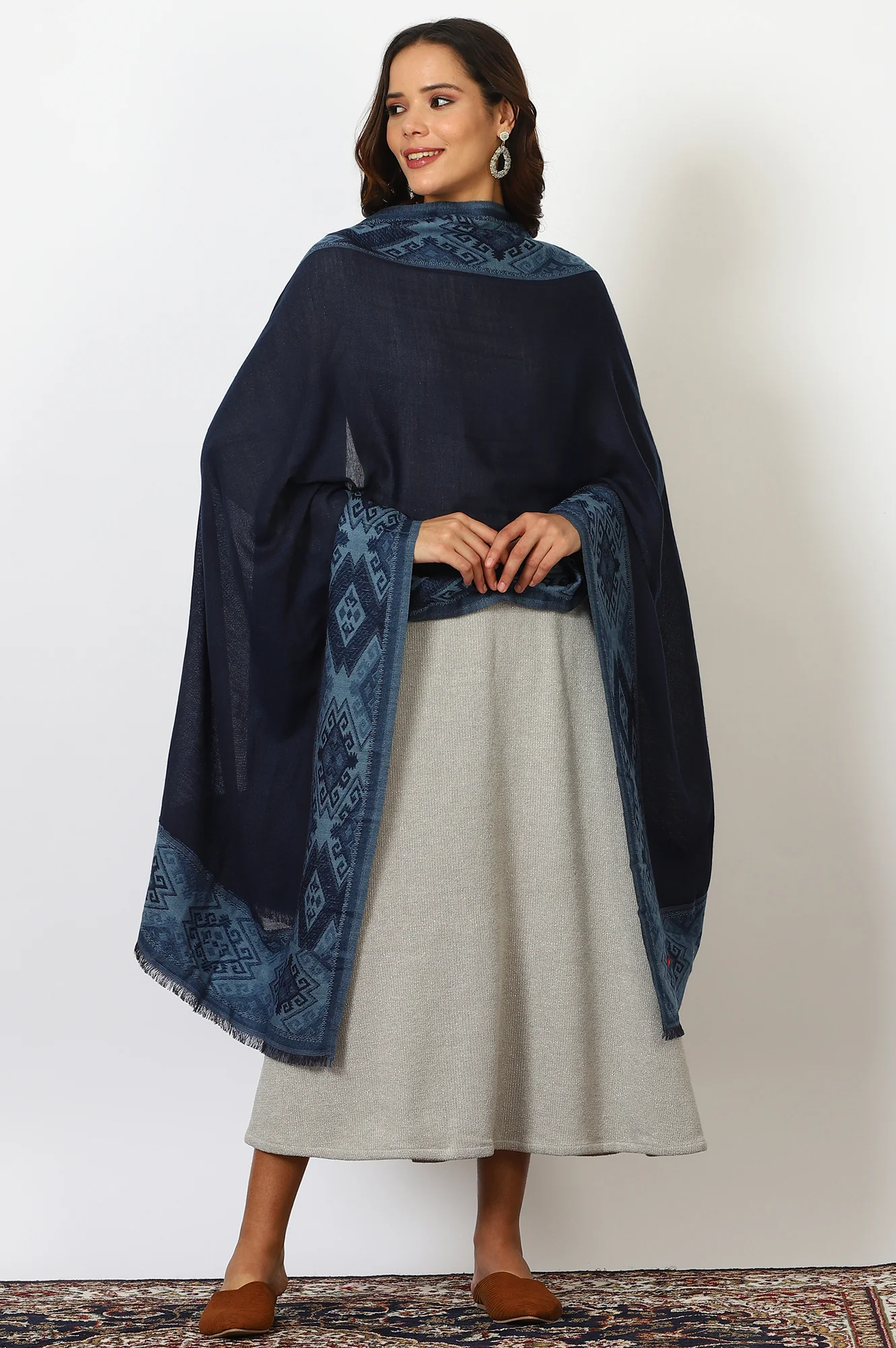 Navy Blue Wool Blend Shawls - Image 3