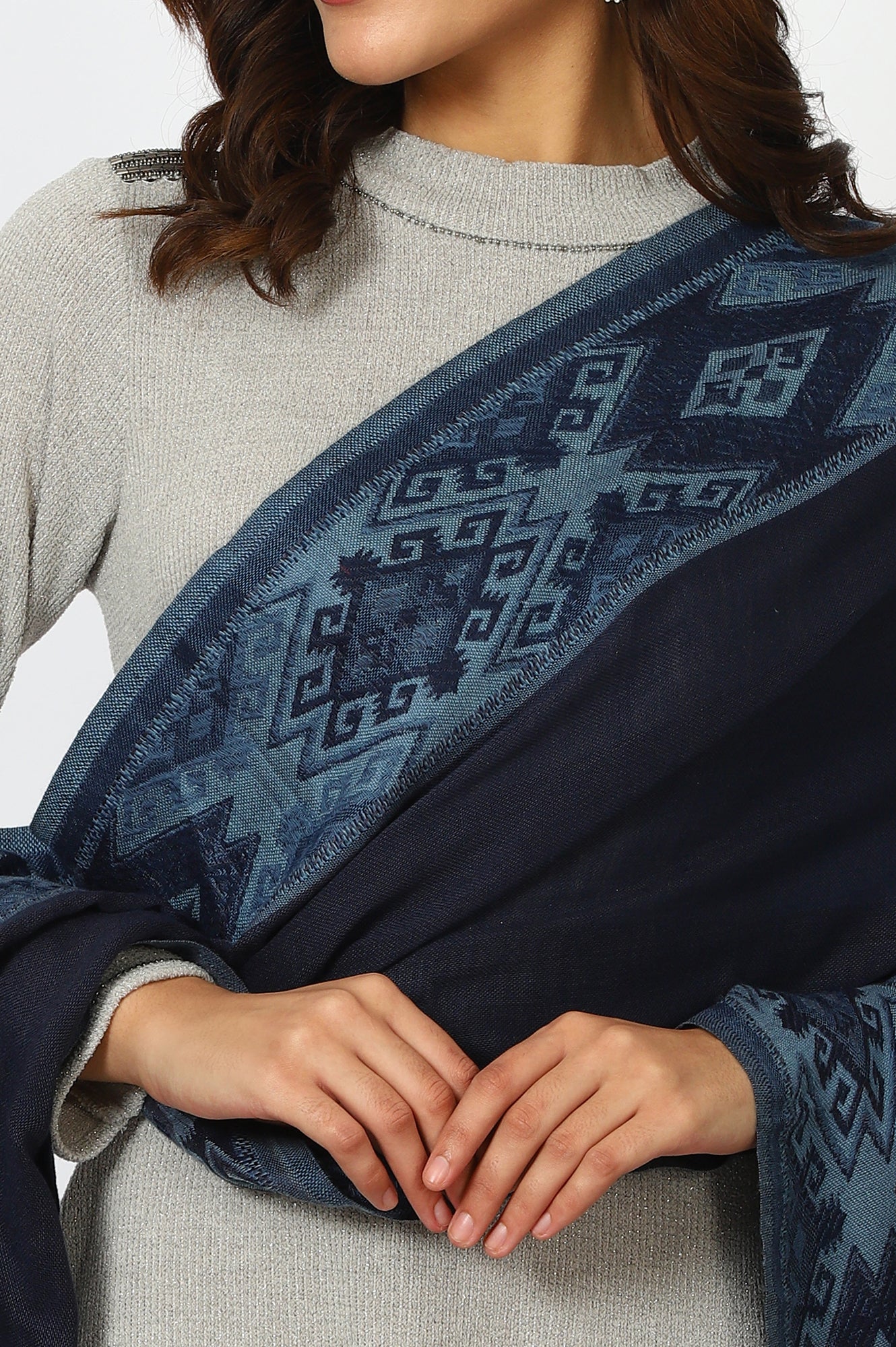 Navy Blue Wool Blend Shawls - Image 4