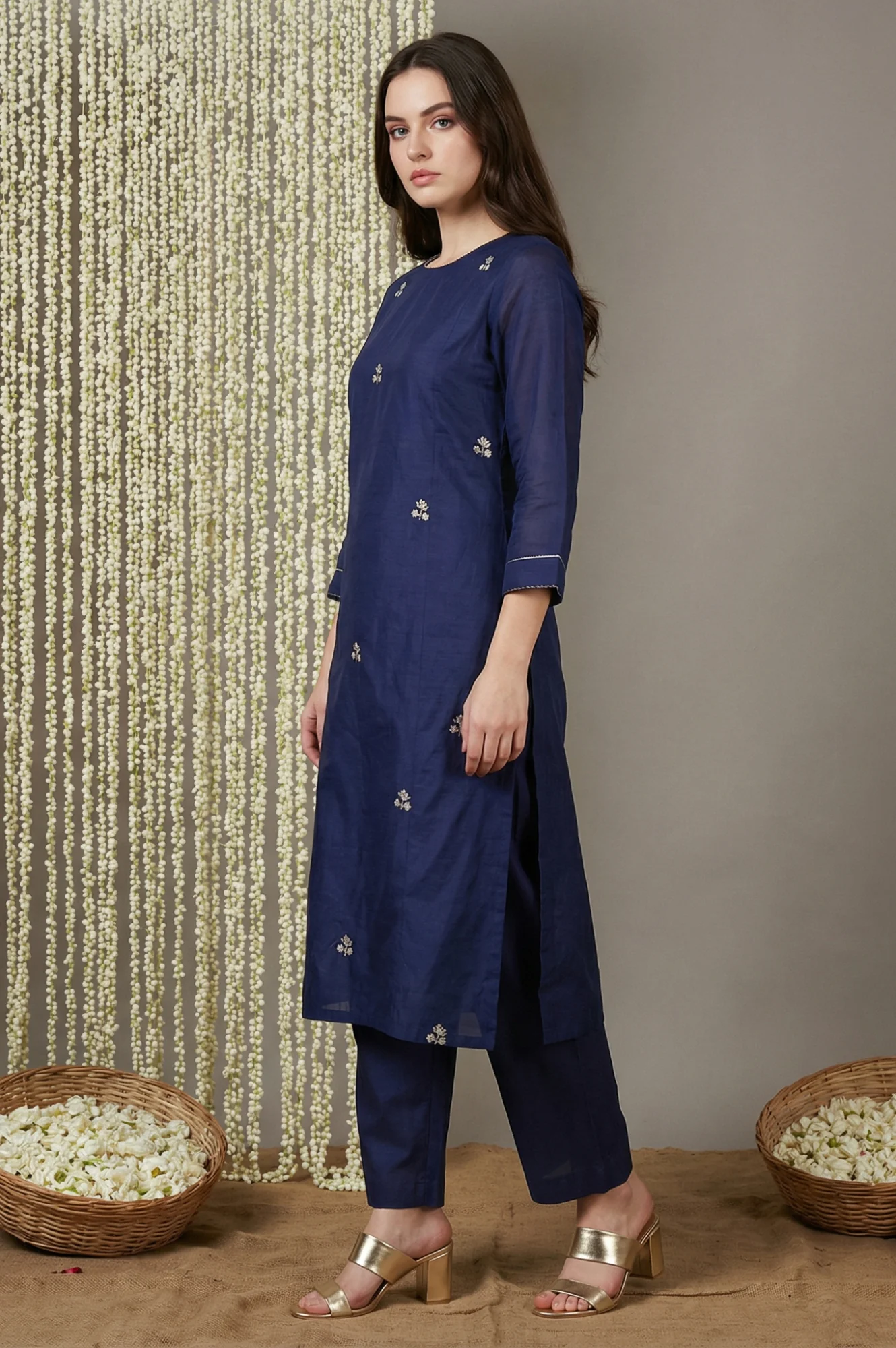 Navy Blue Zari Chanderi Straight Kurta with Straight Pant and Dupatta Set - Image 2