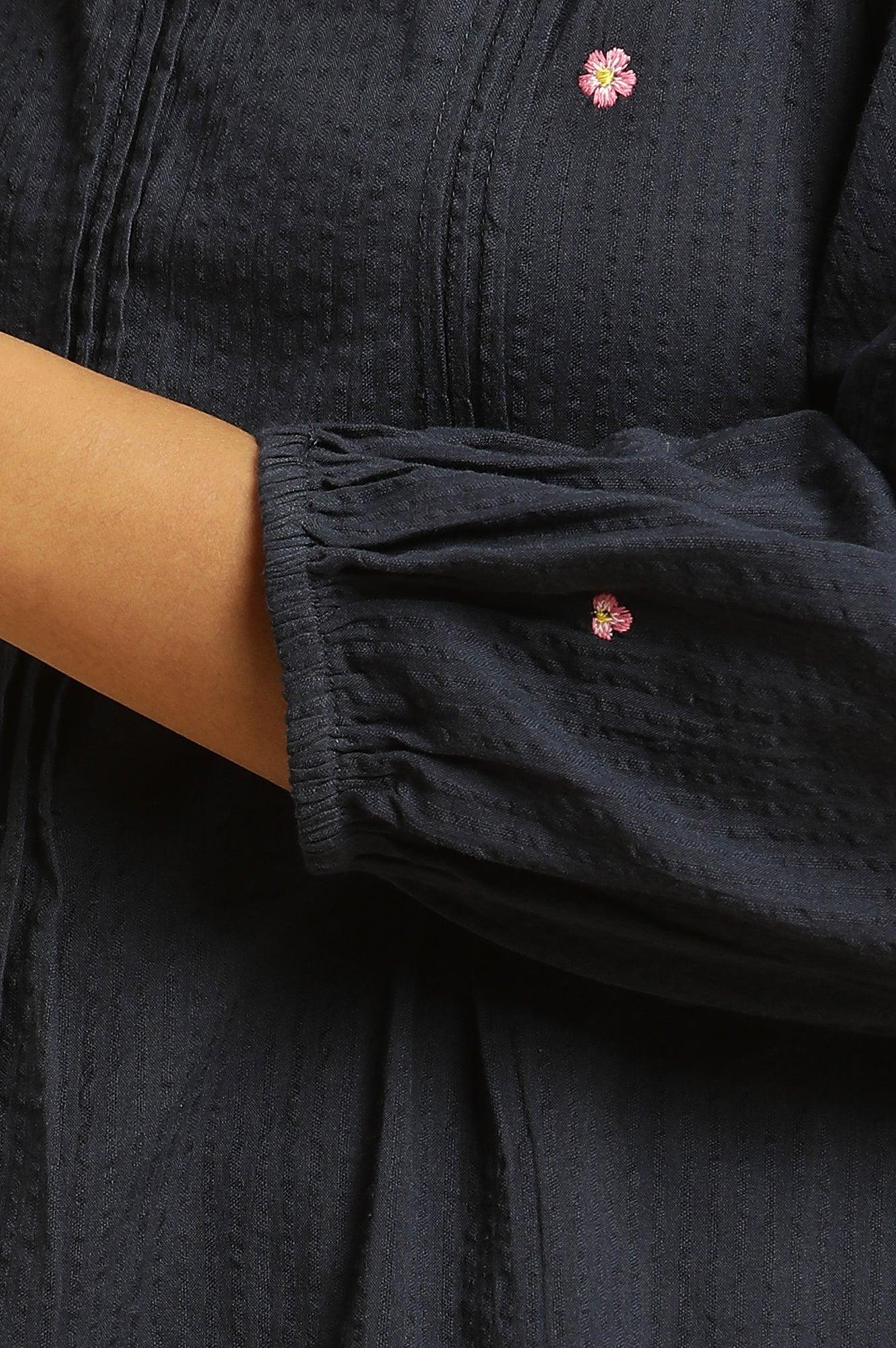 Navy Front Pleated Embroidered Pure Cotton Straight Top - Image 8