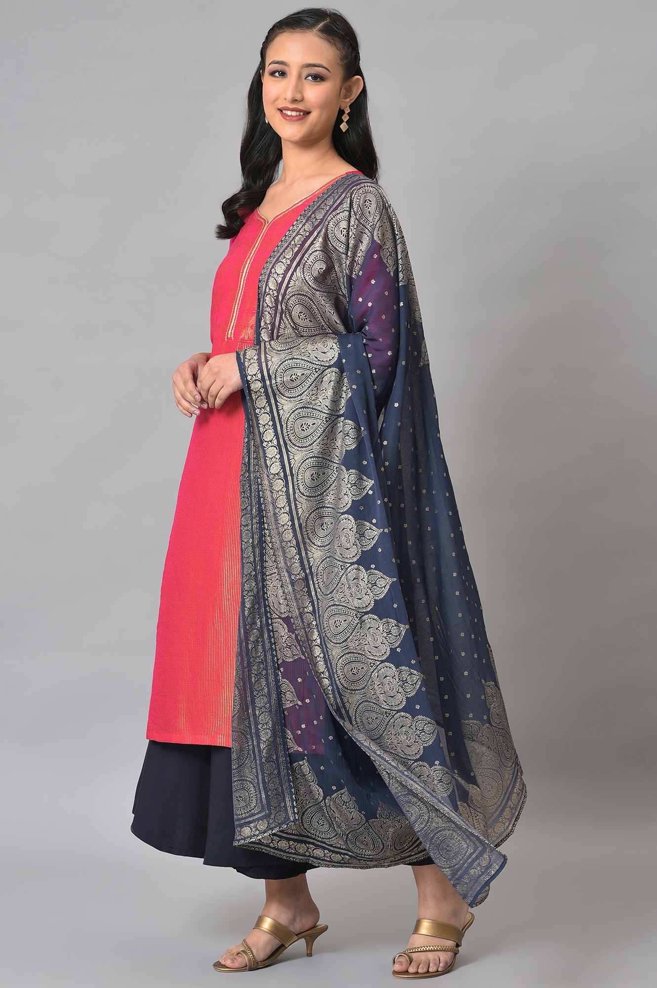 Navy Silver Chiffon Printed Dupatta - Image 3