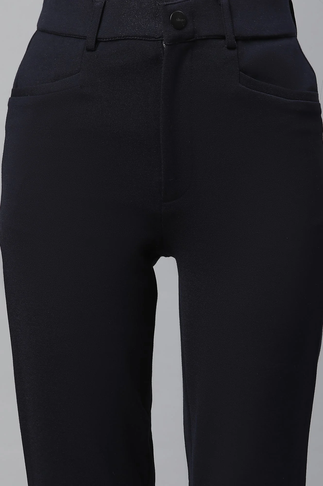 Navy Blue Solid Slim Fit Trousers With Elasticated Waist - Image 6