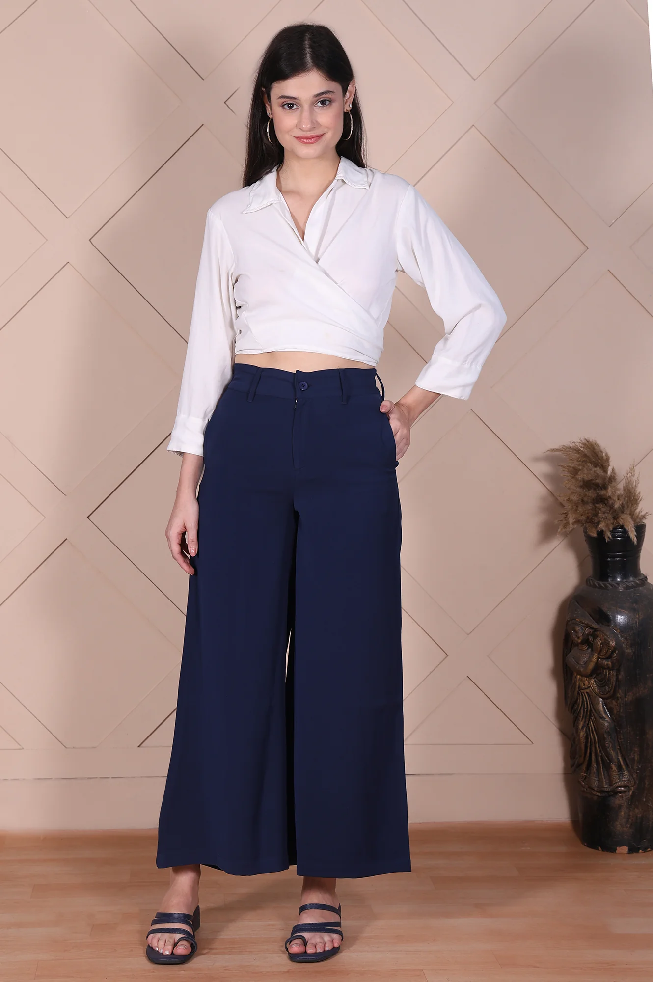 Navy Solid High Rise Ankle Length Wide Leg Boss Pants
