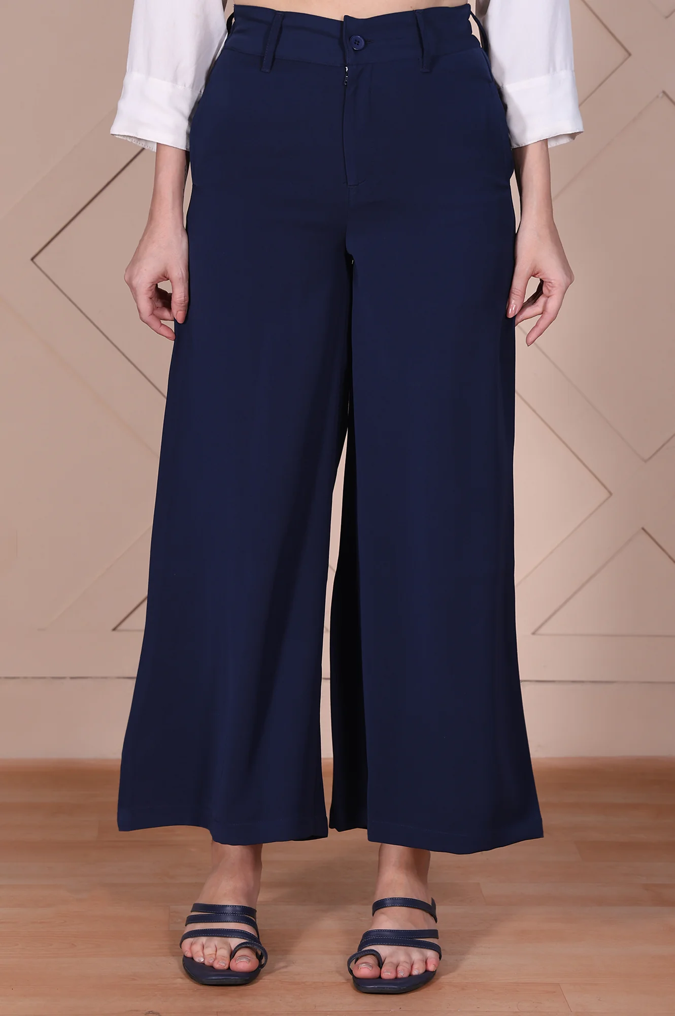 Navy Solid High Rise Ankle Length Wide Leg Boss Pants - Image 2