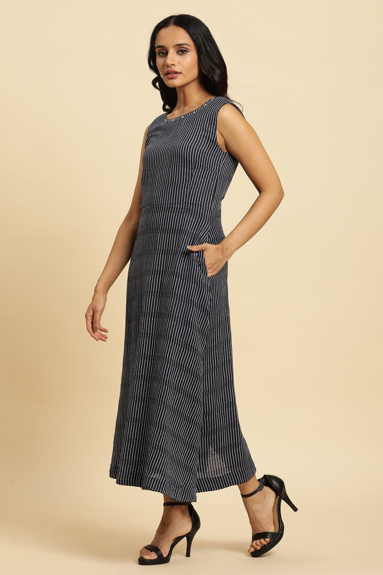 Navy Stripes Fit And Flare Dress With Embroidered Neck - Image 3