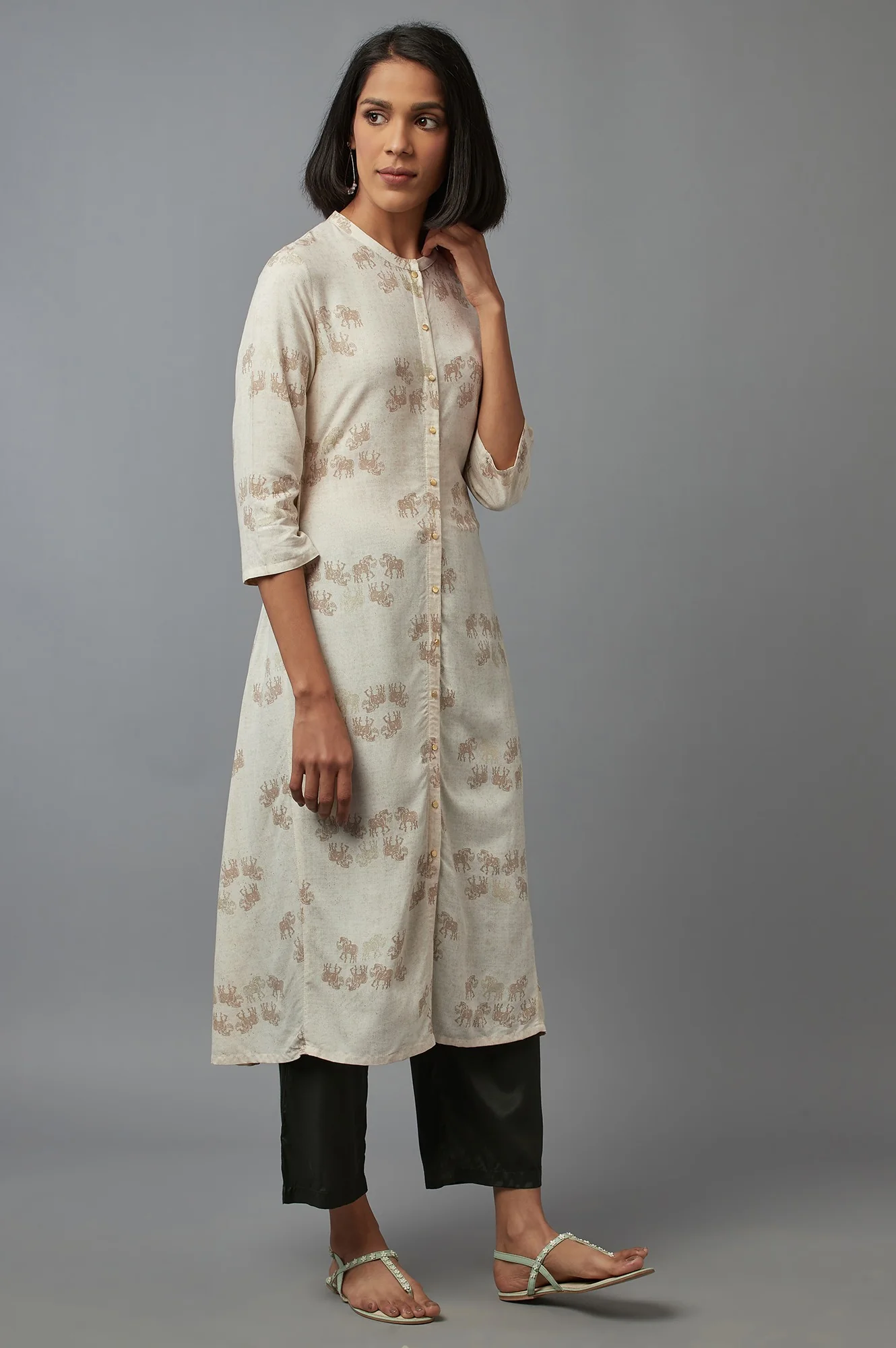Beige Cotton Front-Open Straight Kurta - Image 4