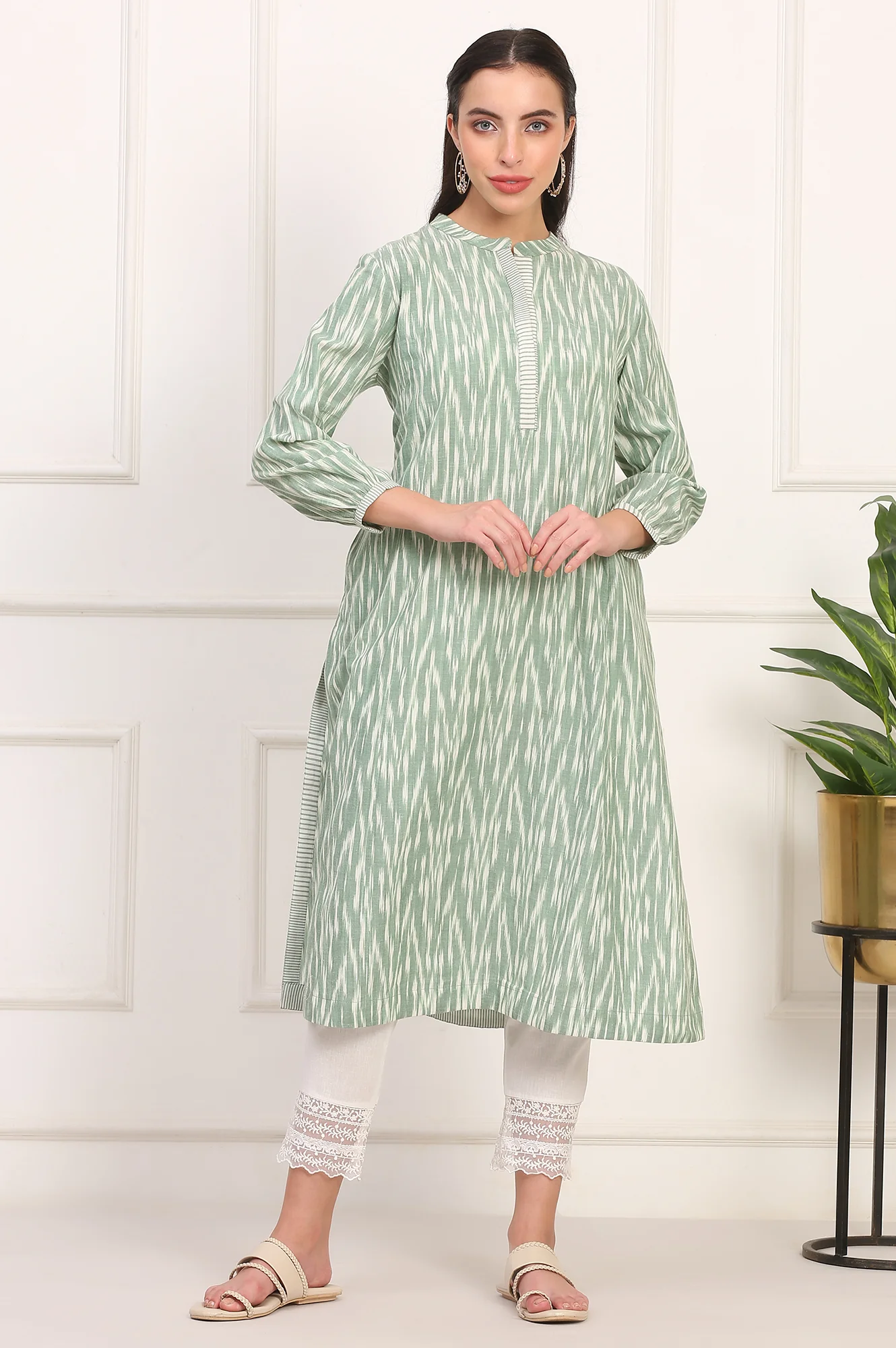 New Sage Green Ikat Printed A-Line Pure Cotton Kurta - Image 2