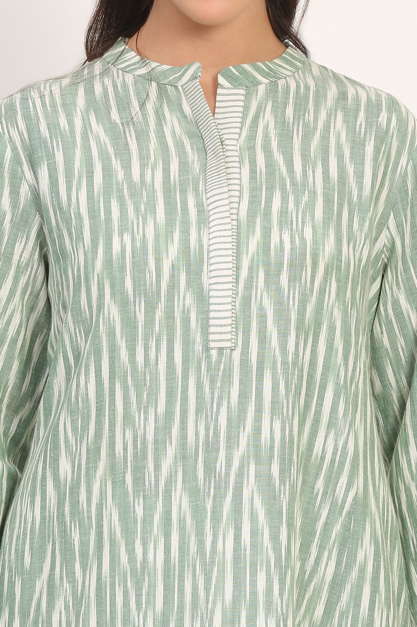 New Sage Green Ikat Printed A-Line Pure Cotton Kurta - Image 3