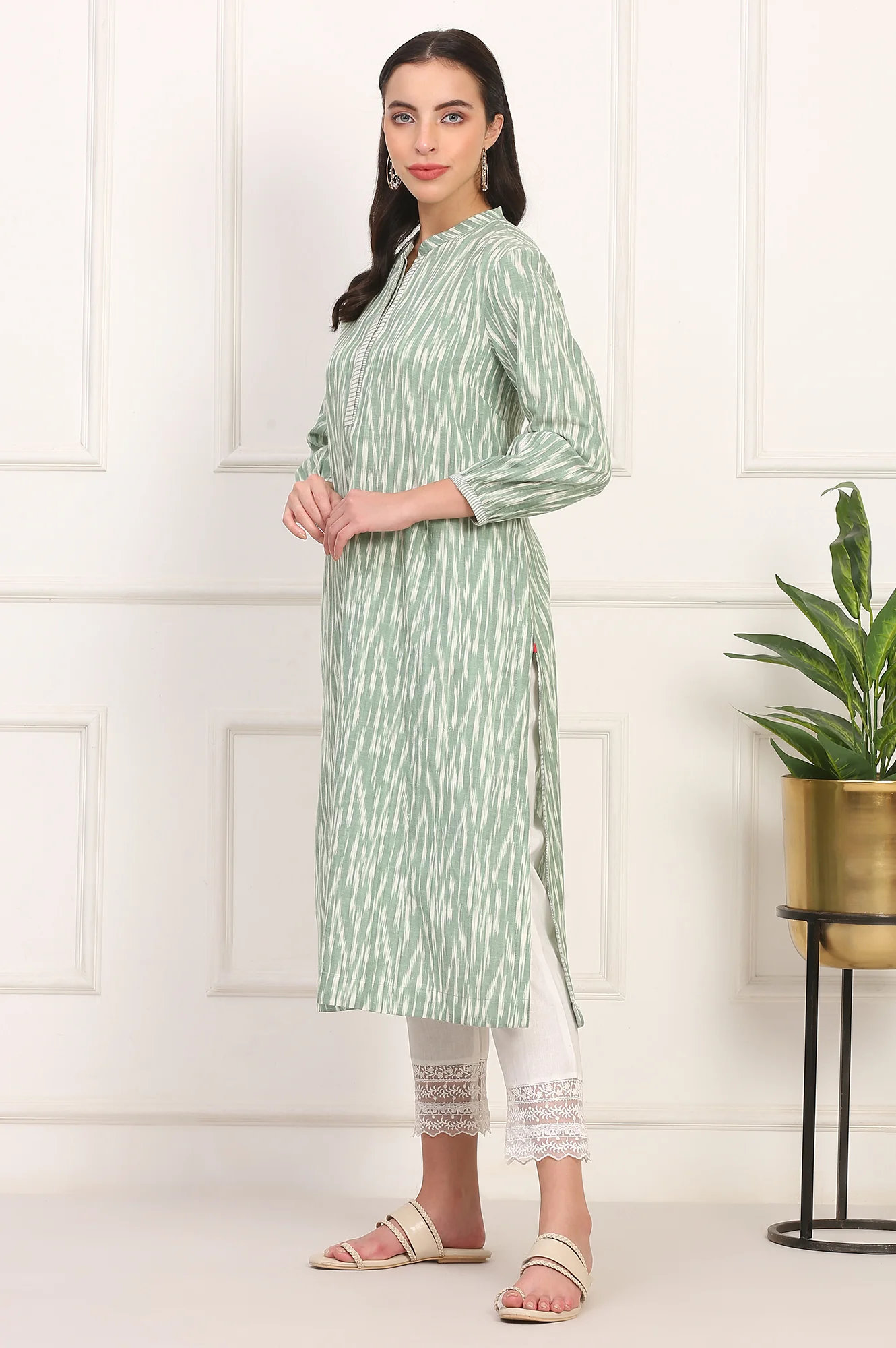 New Sage Green Ikat Printed A-Line Pure Cotton Kurta - Image 4