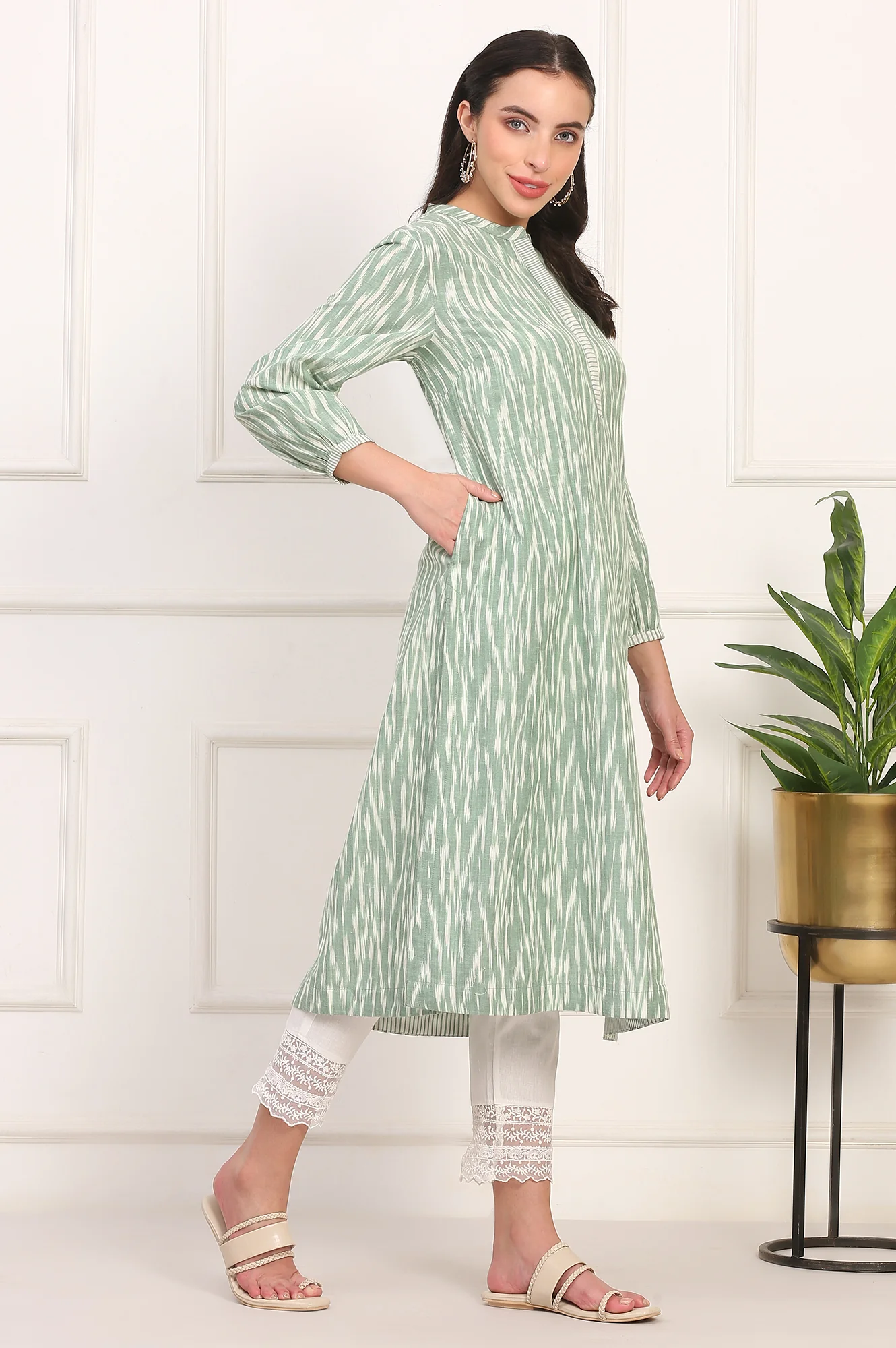 New Sage Green Ikat Printed A-Line Pure Cotton Kurta - Image 6