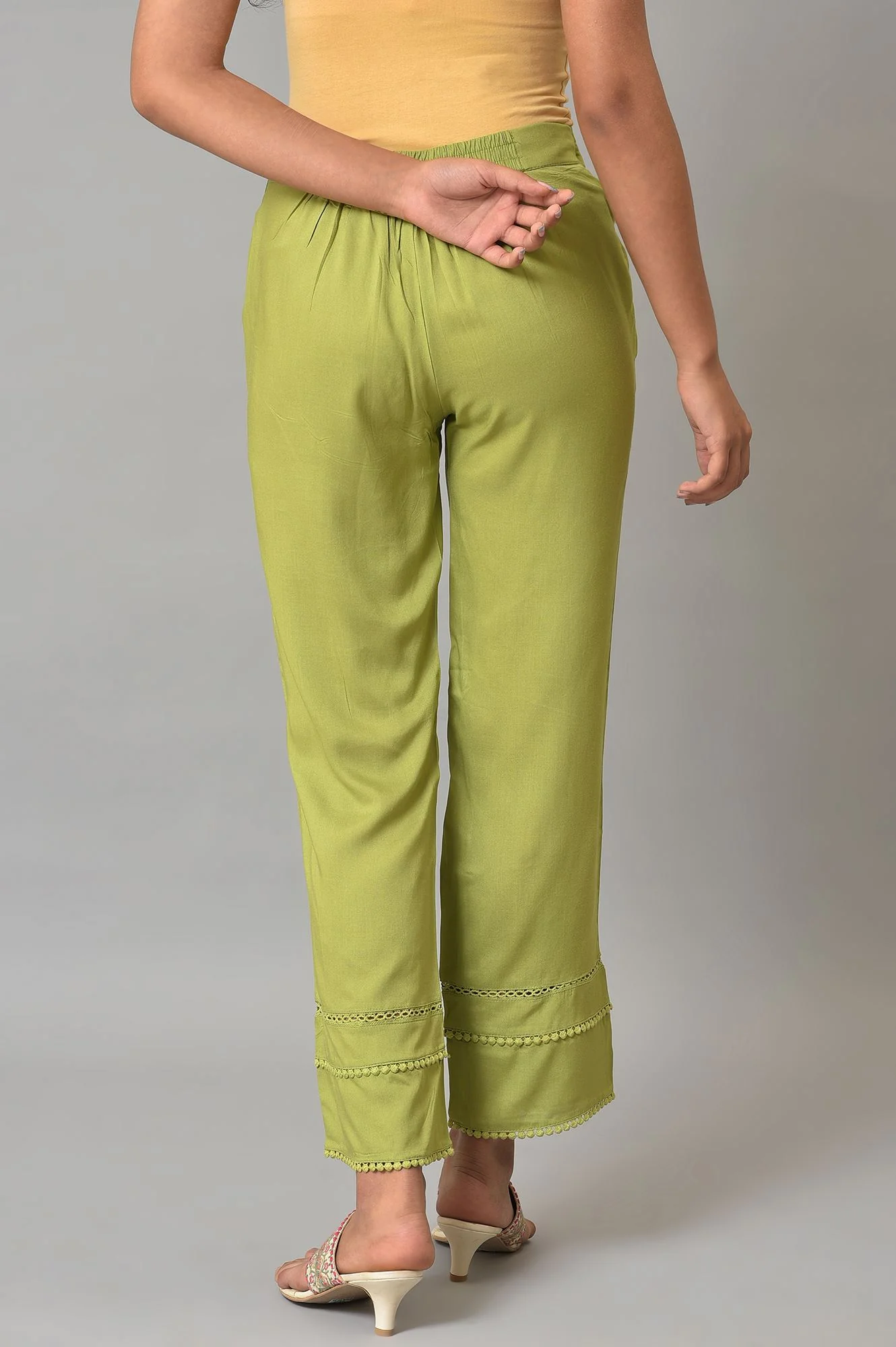 Nile Green Straight Pants With Lace - Image 2