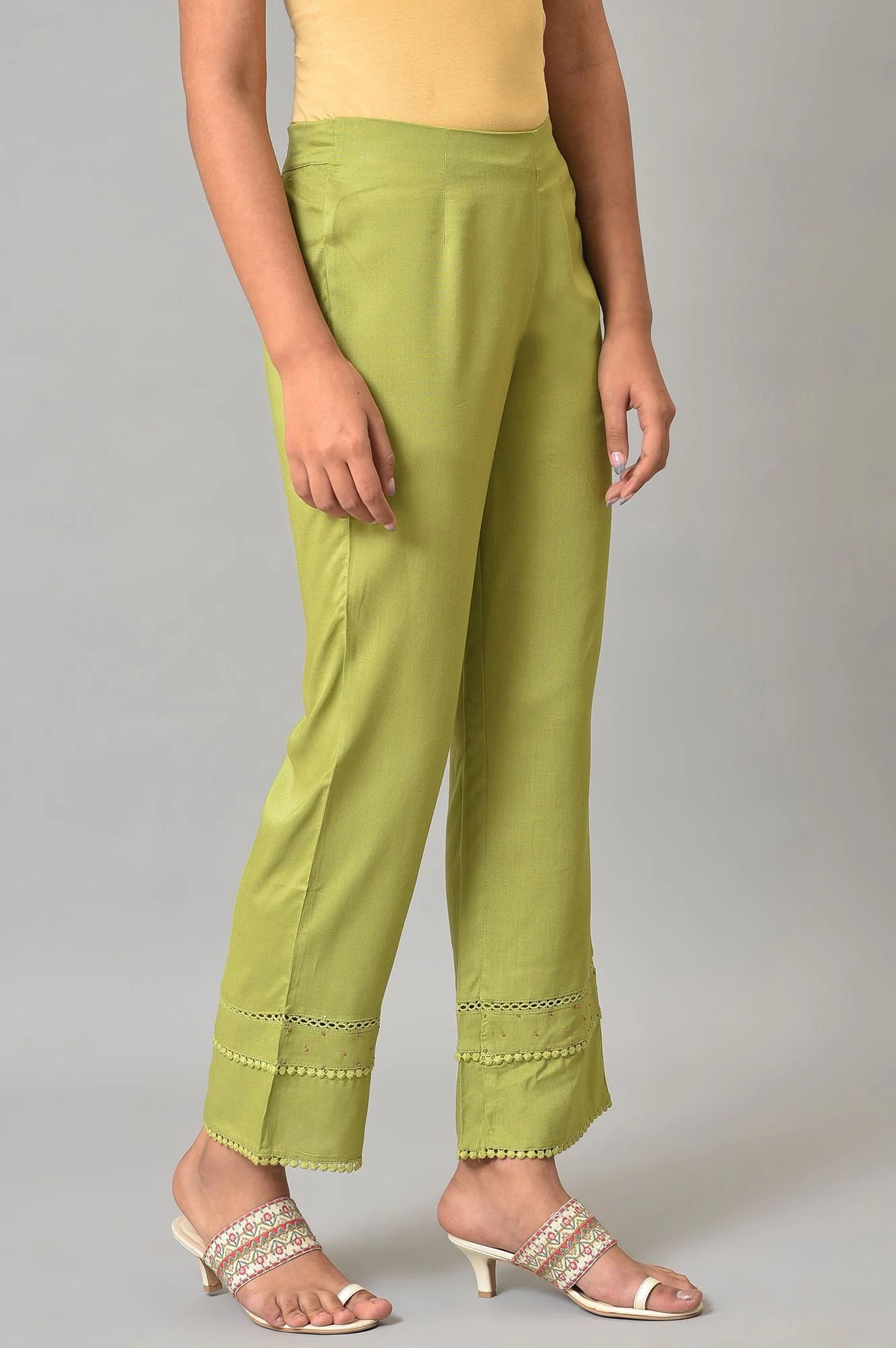 Nile Green Straight Pants With Lace - Image 4
