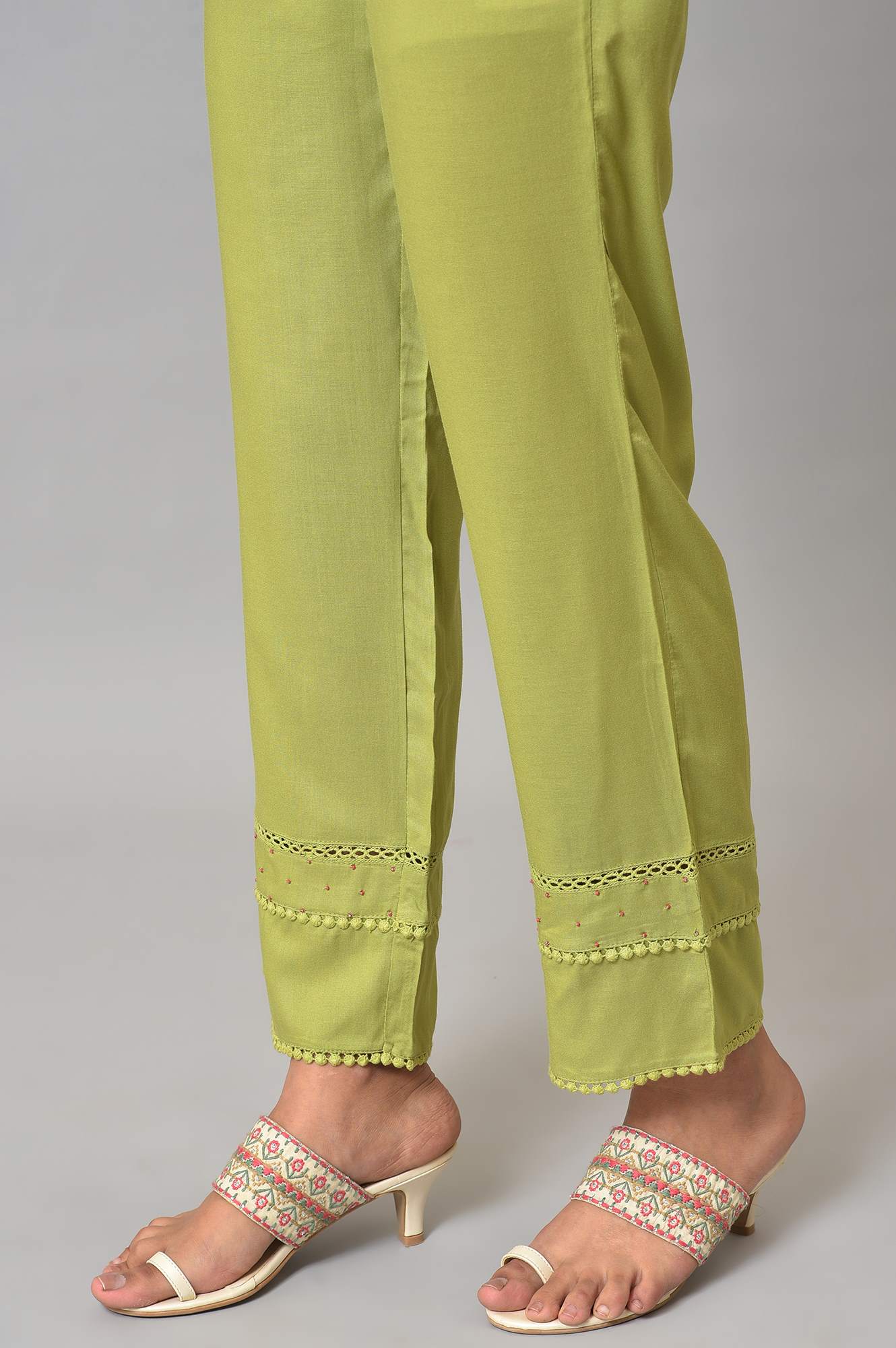 Nile Green Straight Pants With Lace - Image 8